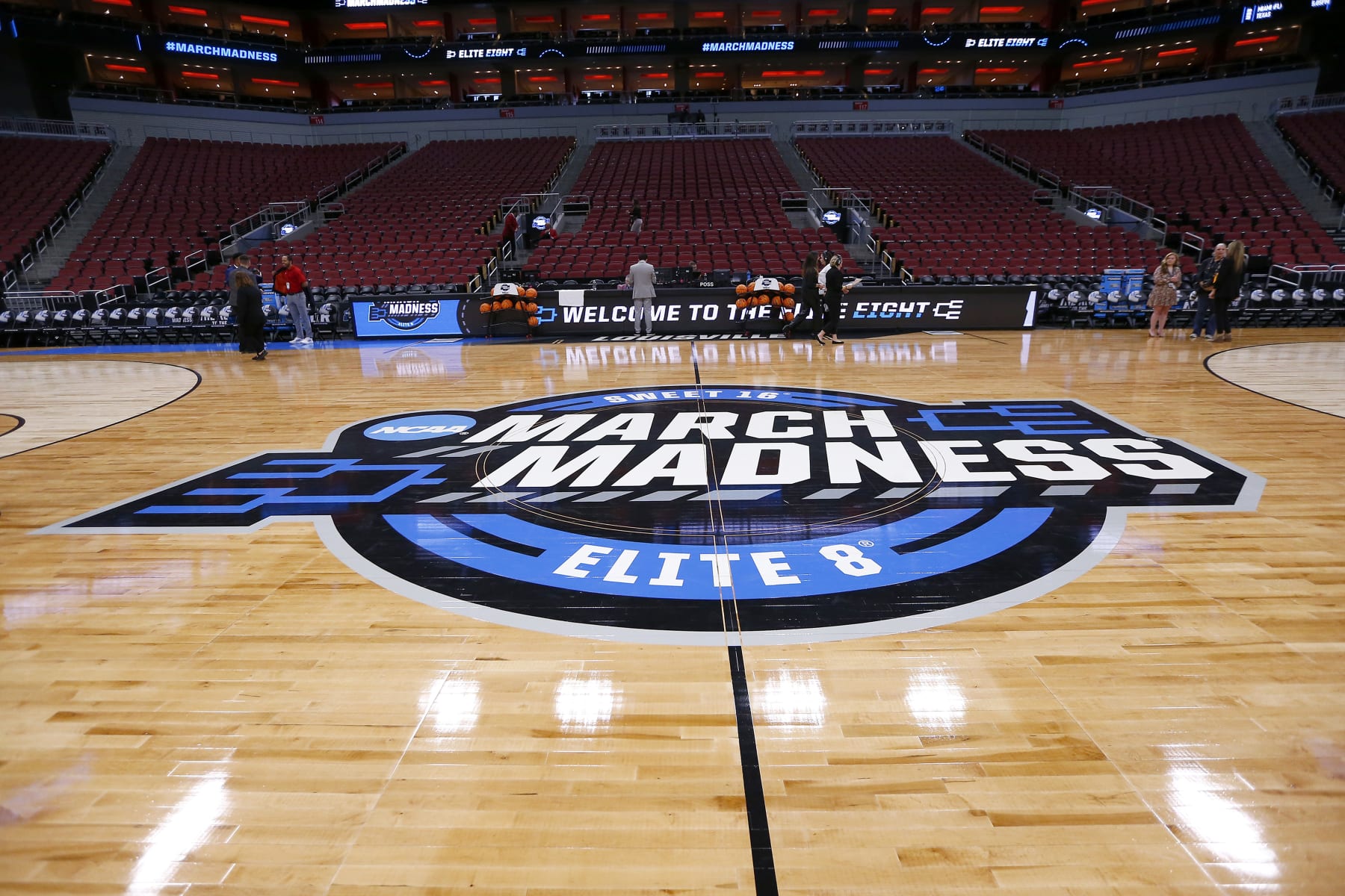 LOUISVILLE, KY - MARCH 26: The Sweet 18 and Elite 8 Logo on display at center court during the Creighton Bluejays versus the San Diego State Aztecs in the Elite 8 Round of the NCAA Men's Division I Basketball Championship South Regional on March 26, 2023, at KFC Yum! Center in Louisville, KY.(Photo by Jeffrey Brown/Icon Sportswire via Getty Images)