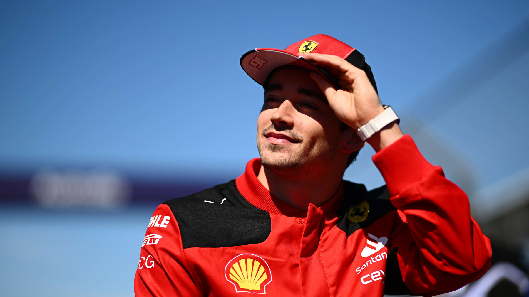 MELBOURNE, AUSTRALIA - APRIL 02: Charles Leclerc of Monaco and Ferrari looks on from the drivers parade prior to the F1 Grand Prix of Australia at Albert Park Grand Prix Circuit on April 02, 2023 in Melbourne, Australia. (Photo by Clive Mason - Formula 1/Formula 1 via Getty Images)
