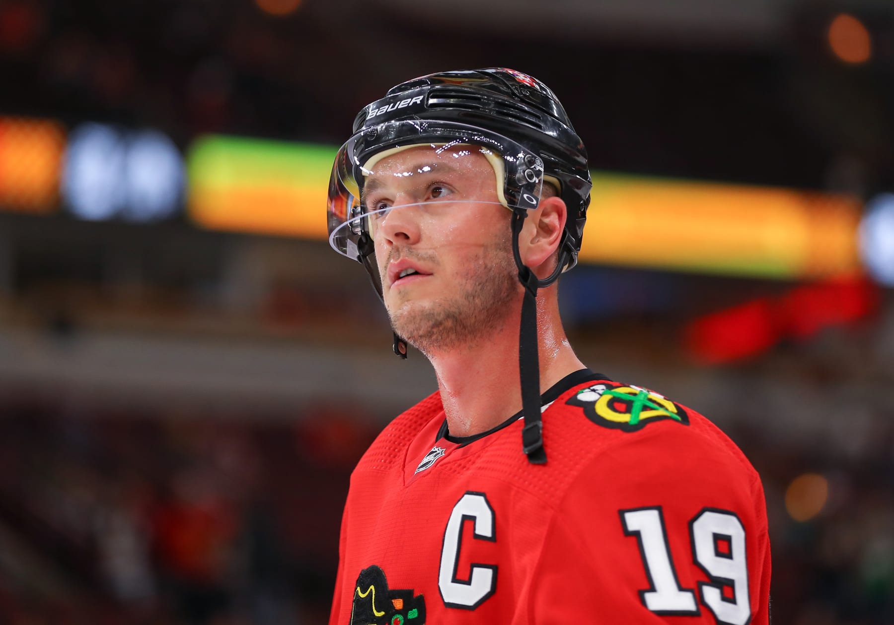 CHICAGO, IL - APRIL 01: Chicago Blackhawks center Jonathan Toews (19) looks on during warm-ups before a game between the New Jersey Devils and the Chicago Blackhawks on April 01, 2023 at the United Center in Chicago, IL. (Photo by Melissa Tamez/Icon Sportswire via Getty Images)