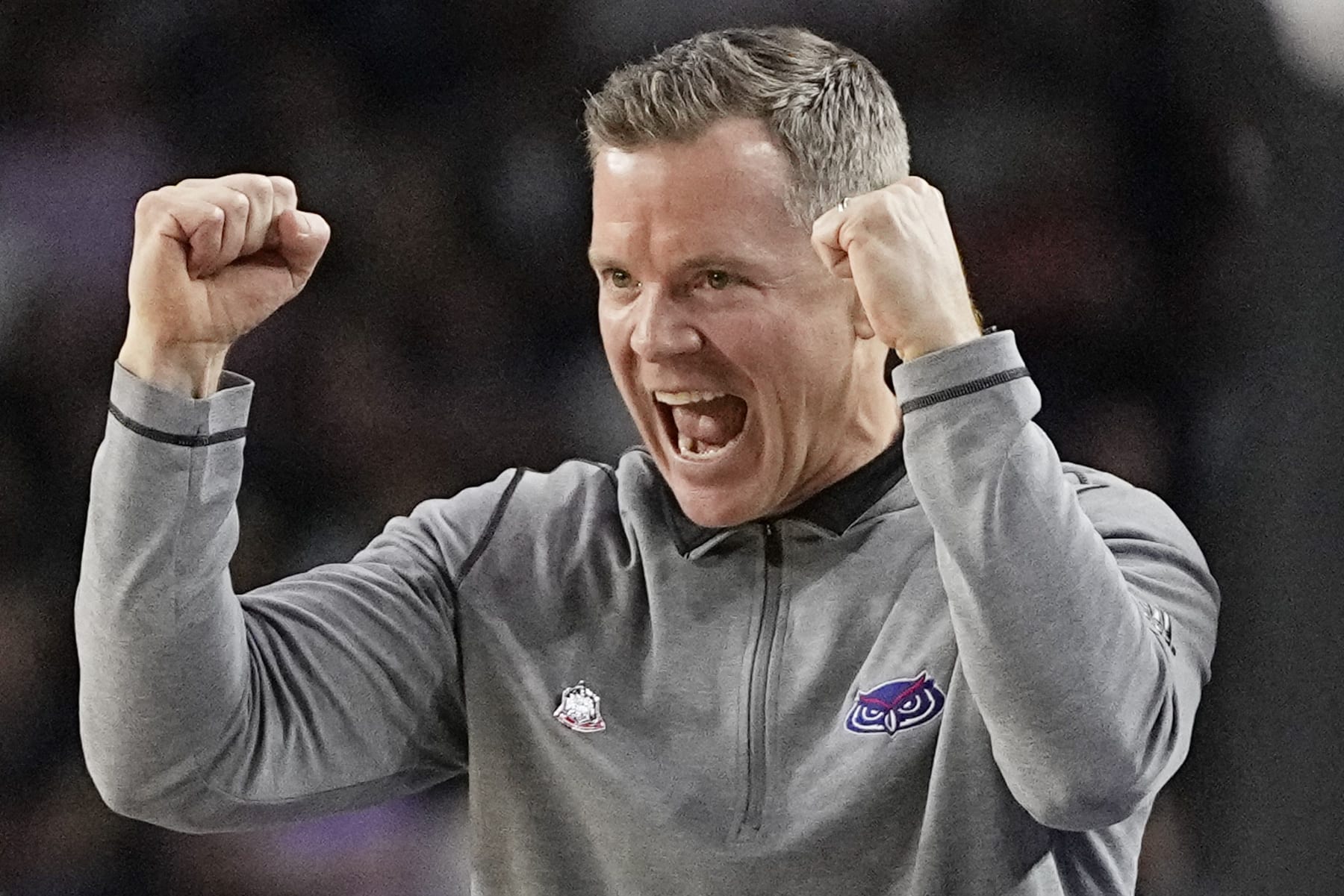 Florida Atlantic head coach Dusty May reacts during the first half of a Final Four college basketball game against San Diego State in the NCAA Tournament on Saturday, April 1, 2023, in Houston. (AP Photo/David J. Phillip)
