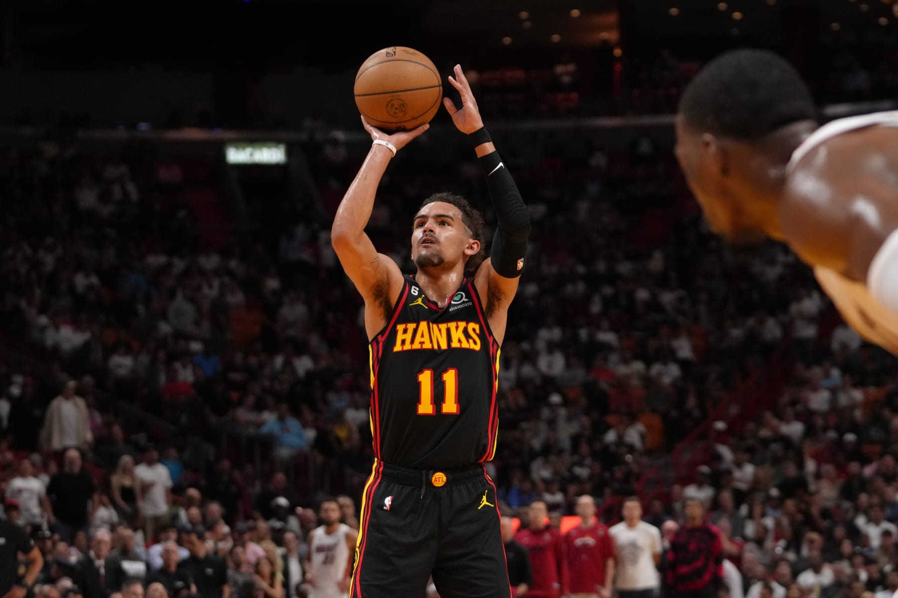 MIAMI, FL - APRIL 11: Trae Young #11 of the Atlanta Hawks shoots a free throw during the 2023 Play-In Tournament against the Miami Heat on April 11, 2023 at Kaseya Center in Miami, Florida. NOTE TO USER: User expressly acknowledges and agrees that, by downloading and or using this Photograph, user is consenting to the terms and conditions of the Getty Images License Agreement. Mandatory Copyright Notice: Copyright 2023 NBAE (Photo by Eric Espada/NBAE via Getty Images) MIAMI, FL - APRIL 11: Trae Young #11 of the Atlanta Hawks shoots a free throw during the 2023 Play-In Tournament against the Miami Heat on April 11, 2023 at Kaseya Center in Miami, Florida. NOTE TO USER: User expressly acknowledges and agrees that, by downloading and or using this Photograph, user is consenting to the terms and conditions of the Getty Images License Agreement. Mandatory Copyright Notice: Copyright 2023 NBAE (Photo by Eric Espada/NBAE via Getty Images)