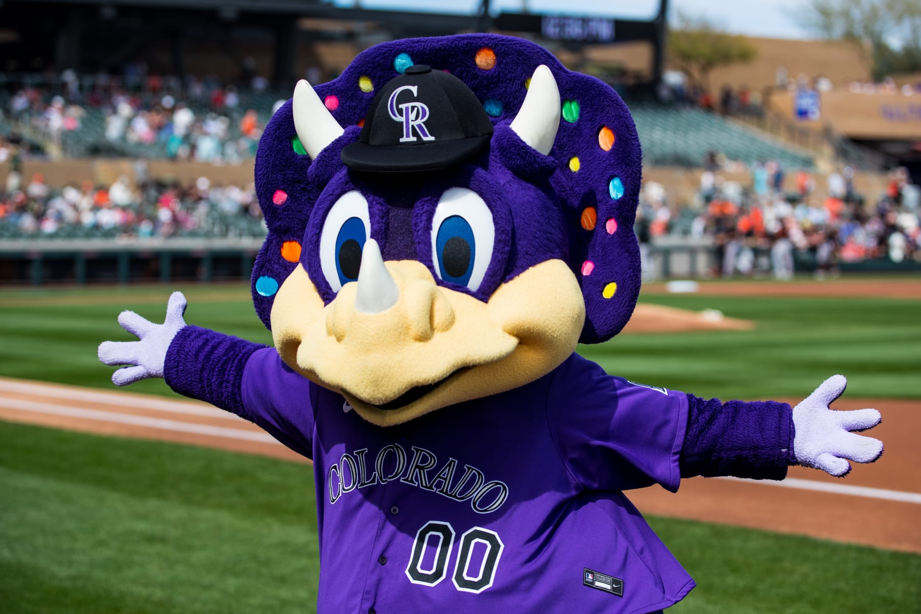 SCOTTSDALE, ARIZONA - MARCH 10: Colorado Rockies mascot Dinger performs before the Spring Training game against the San Francisco Giants at Salt River Fields at Talking Stick on March 10, 2023 in Scottsdale, Arizona. (Photo by John E. Moore III/Getty Images)