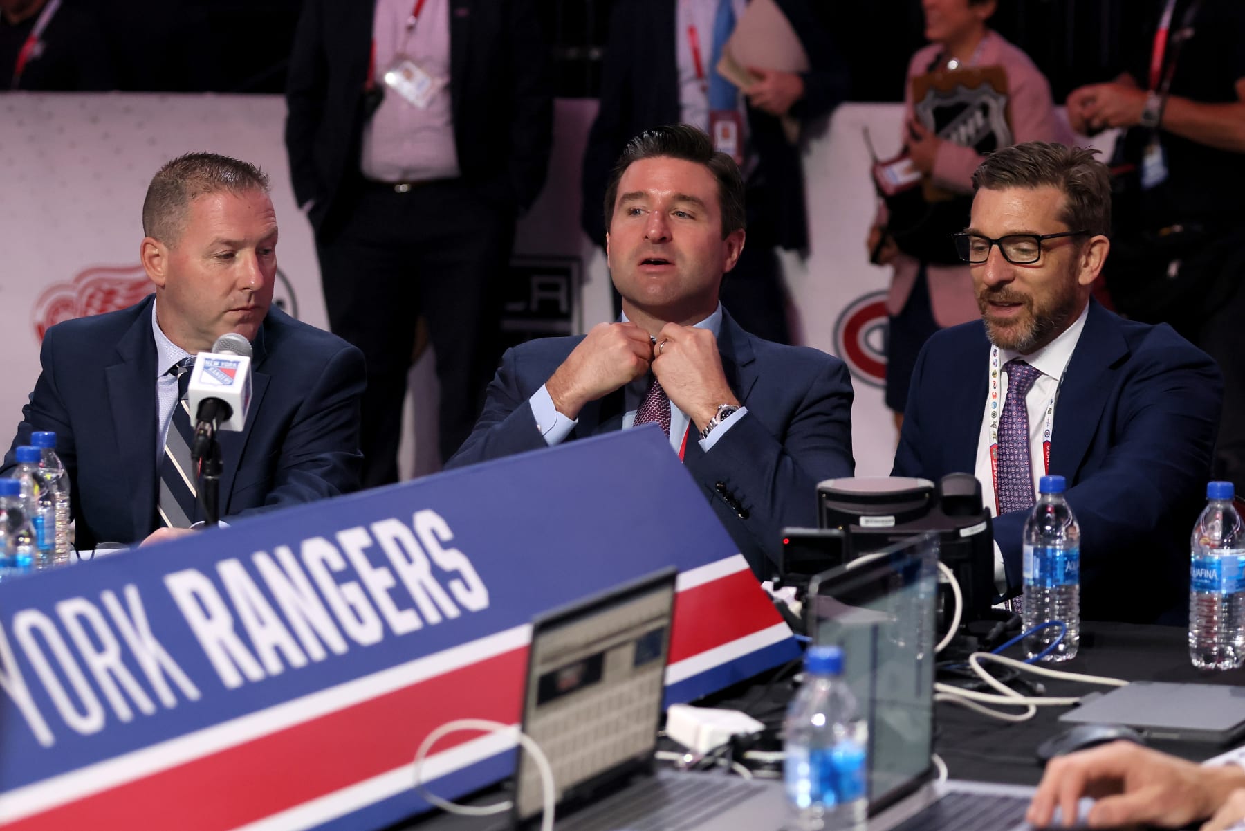 MONTREAL, QUEBEC - JULY 08: Chris Drury of the New York Rangers looks on from the draft table during Round Three of the 2022 Upper Deck NHL Draft at Bell Centre on July 08, 2022 in Montreal, Quebec, Canada. (Photo by Bruce Bennett/Getty Images)