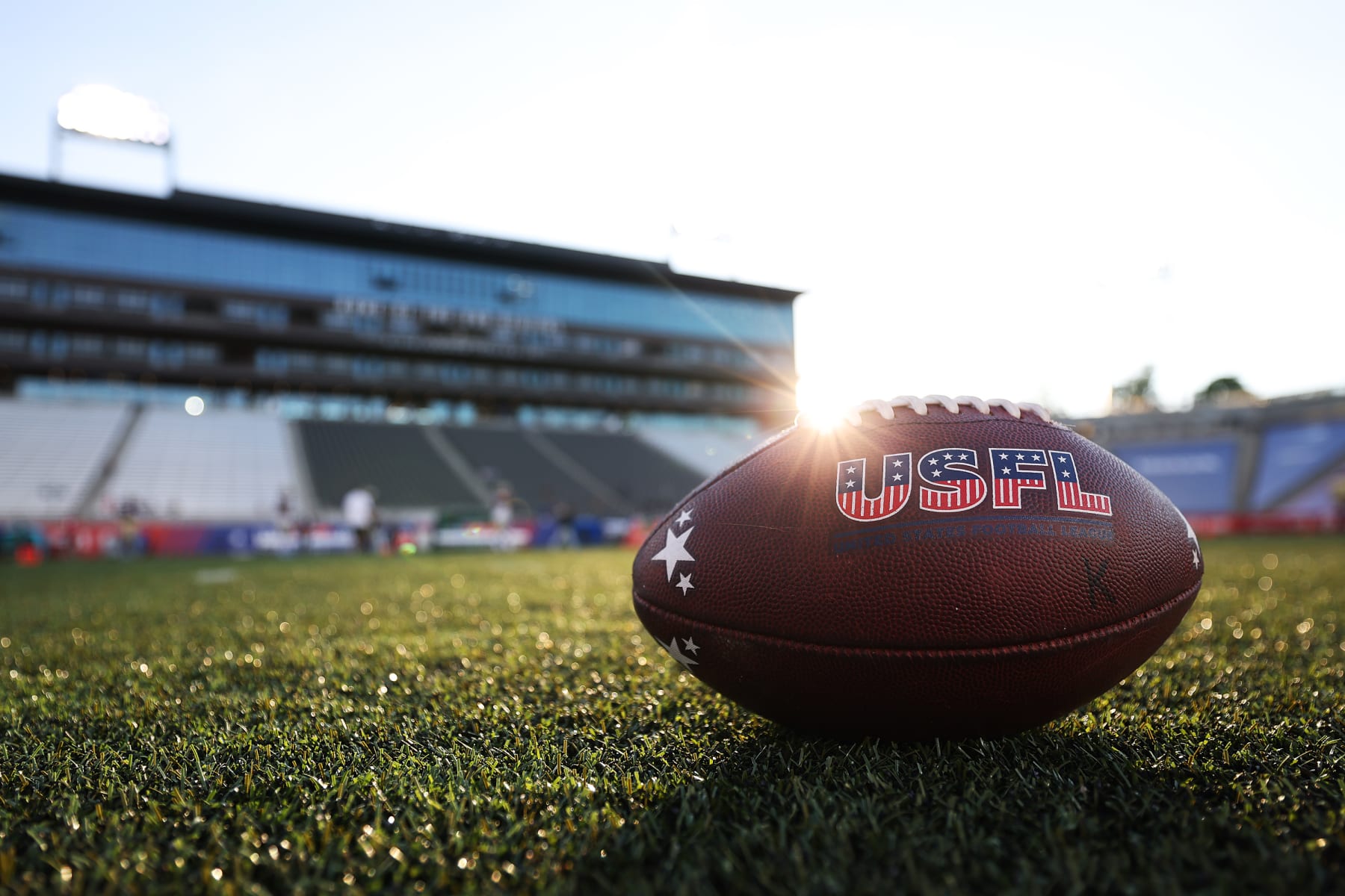 BIRMINGHAM, ALABAMA - MAY 28: The USFL logo is seen on a football during warm ups before the game between the New Orleans Breakers and the Michigan Panthers at Protective Stadium on May 28, 2022 in Birmingham, Alabama. (Photo by Patrick Smith/USFL/Getty Images)