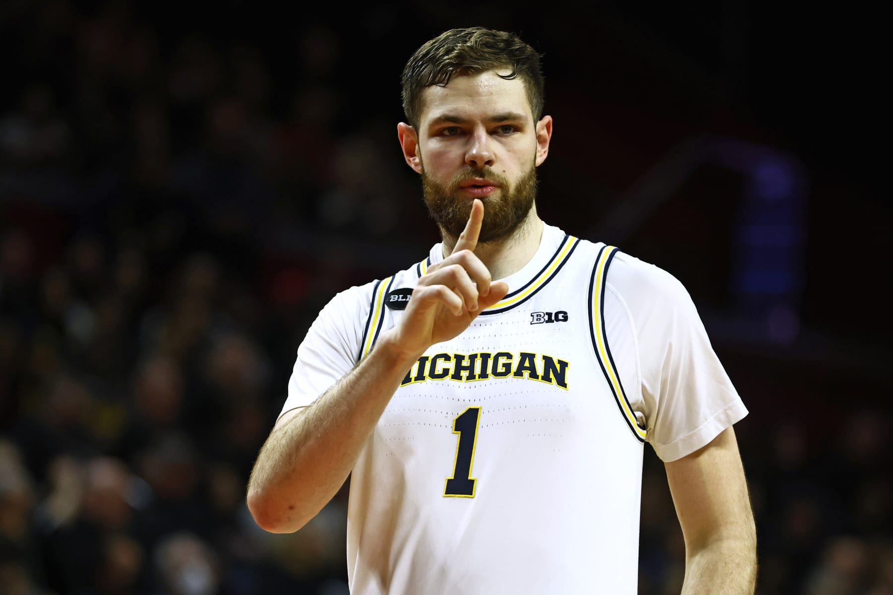 PISCATAWAY, NJ - FEBRUARY 23: Hunter Dickinson #1 of the Michigan Wolverines during a game against the Rutgers Scarlet Knights at Jersey Mike's Arena on February 23, 2023 in Piscataway, New Jersey. (Photo by Rich Schultz/Getty Images)