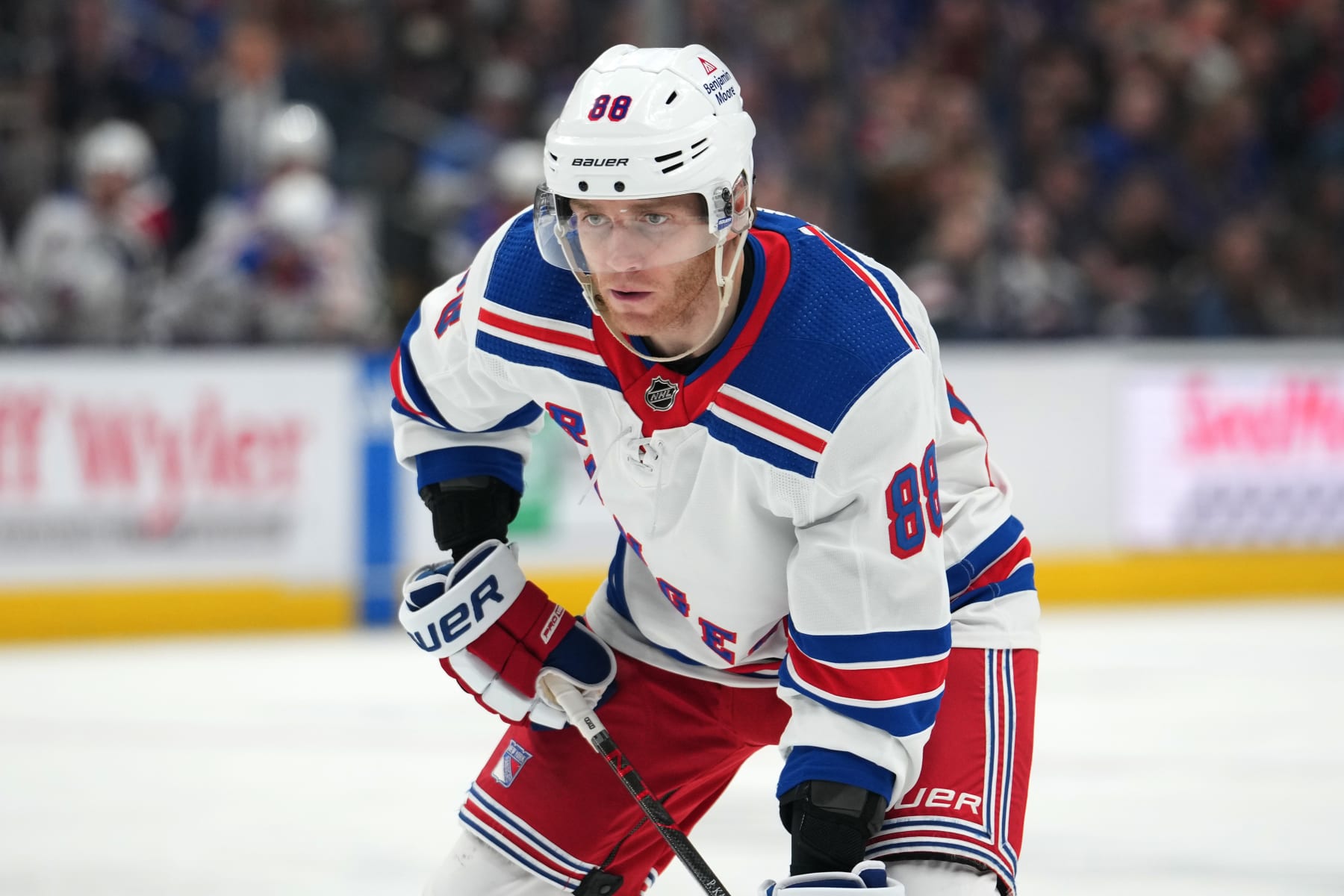 COLUMBUS, OHIO - APRIL 08: Patrick Kane #88 of the New York Rangers lines up a face off during the third period against the Columbus Blue Jackets at Nationwide Arena on April 08, 2023 in Columbus, Ohio. (Photo by Jason Mowry/Getty Images)