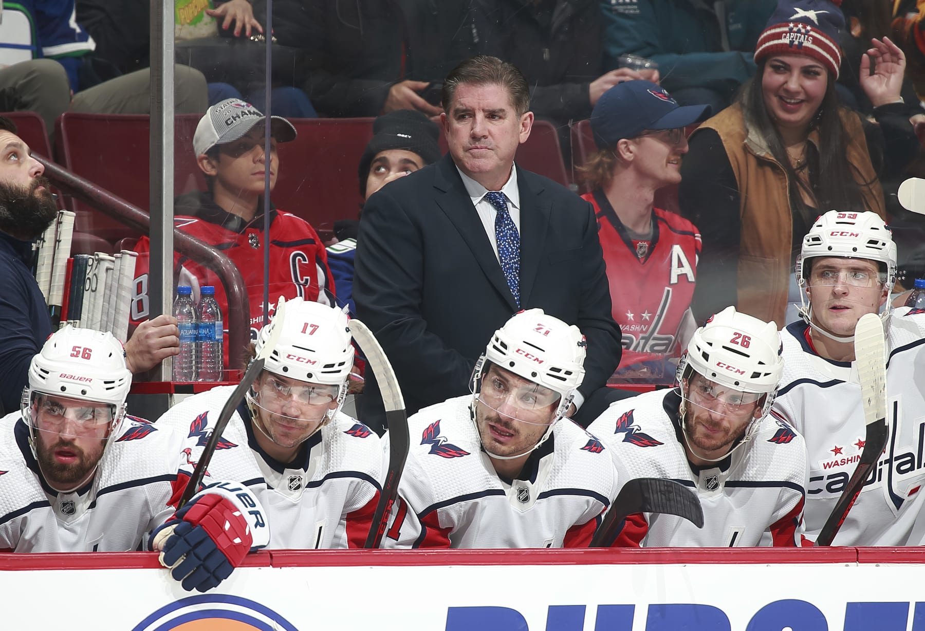 VANCOUVER, CANADA - NOVEMBER 29: Head coach Peter Laviolette of the Washington Capitals looks on from the bench during their NHL game against the Vancouver Canucks at Rogers Arena November 29, 2022 in Vancouver, British Columbia, Canada.  (Photo by Jeff Vinnick/NHLI via Getty Images)