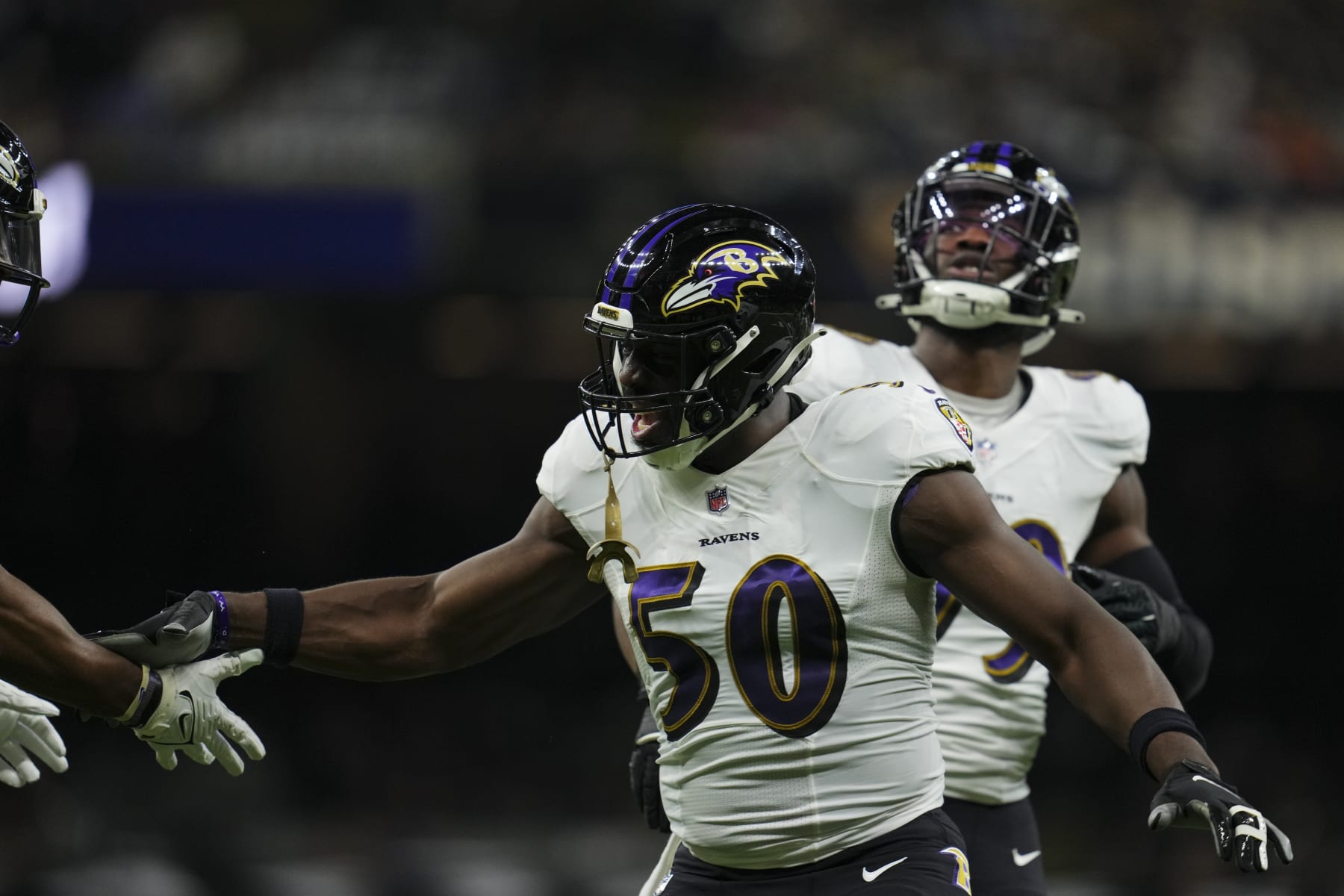 NEW ORLEANS, LA - NOVEMBER 07: Justin Houston #50 of the Baltimore Ravens celebrates against the New Orleans Saints at Caesars Superdome on November 7, 2022 in New Orleans, Louisiana. (Photo by Cooper Neill/Getty Images) NEW ORLEANS, LA - NOVEMBER 07: Justin Houston #50 of the Baltimore Ravens celebrates against the New Orleans Saints at Caesars Superdome on November 7, 2022 in New Orleans, Louisiana. (Photo by Cooper Neill/Getty Images)