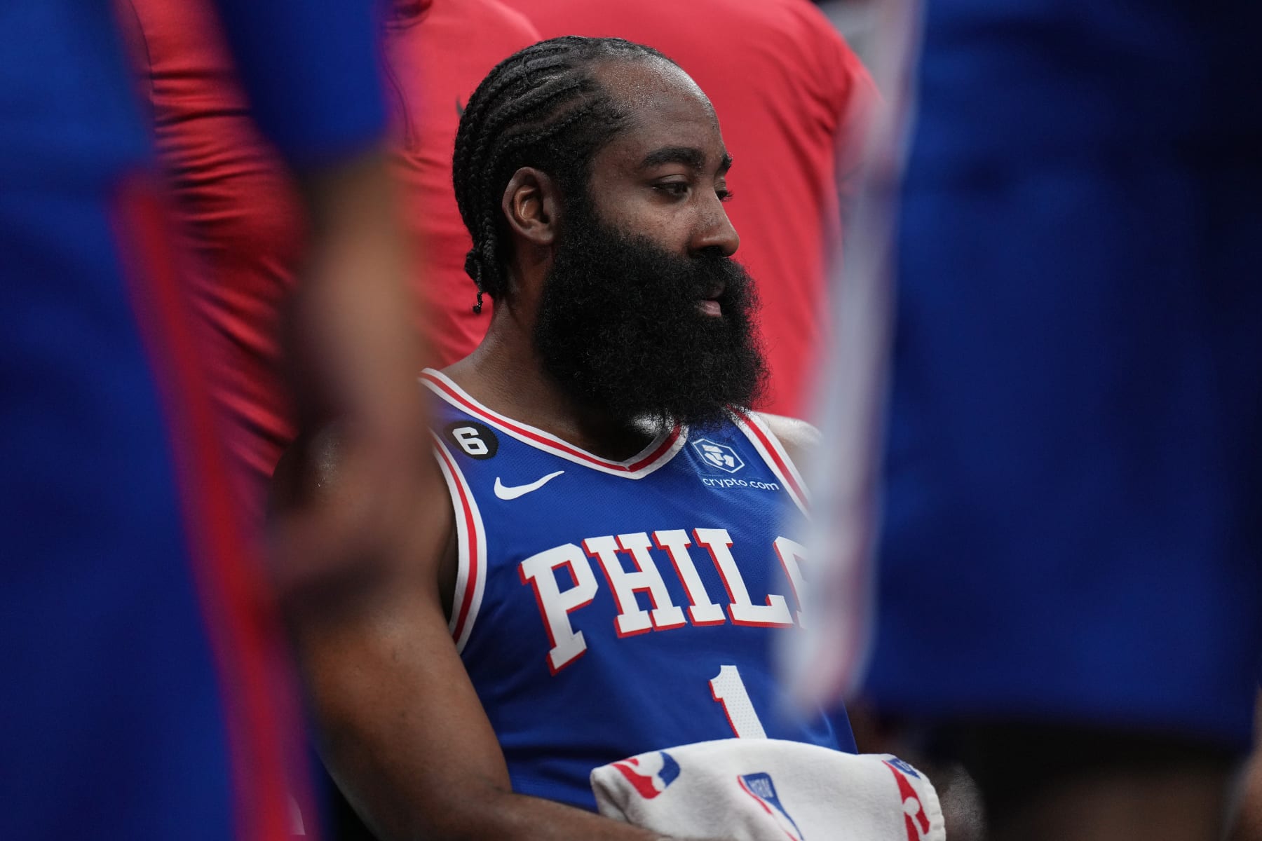 PHILADELPHIA, PA - APRIL 17: James Harden #1 of the Philadelphia 76ers looks on from the bench gainst the Brooklyn Nets during Round 1 Game 2 of the 2023 NBA Playoffs on April 17, 2023 at the Wells Fargo Center in Philadelphia, Pennsylvania NOTE TO USER: User expressly acknowledges and agrees that, by downloading and/or using this Photograph, user is consenting to the terms and conditions of the Getty Images License Agreement. Mandatory Copyright Notice: Copyright 2023 NBAE (Photo by Jesse D. Garrabrant/NBAE via Getty Images) PHILADELPHIA, PA - APRIL 17: James Harden #1 of the Philadelphia 76ers looks on from the bench gainst the Brooklyn Nets during Round 1 Game 2 of the 2023 NBA Playoffs on April 17, 2023 at the Wells Fargo Center in Philadelphia, Pennsylvania NOTE TO USER: User expressly acknowledges and agrees that, by downloading and/or using this Photograph, user is consenting to the terms and conditions of the Getty Images License Agreement. Mandatory Copyright Notice: Copyright 2023 NBAE (Photo by Jesse D. Garrabrant/NBAE via Getty Images)