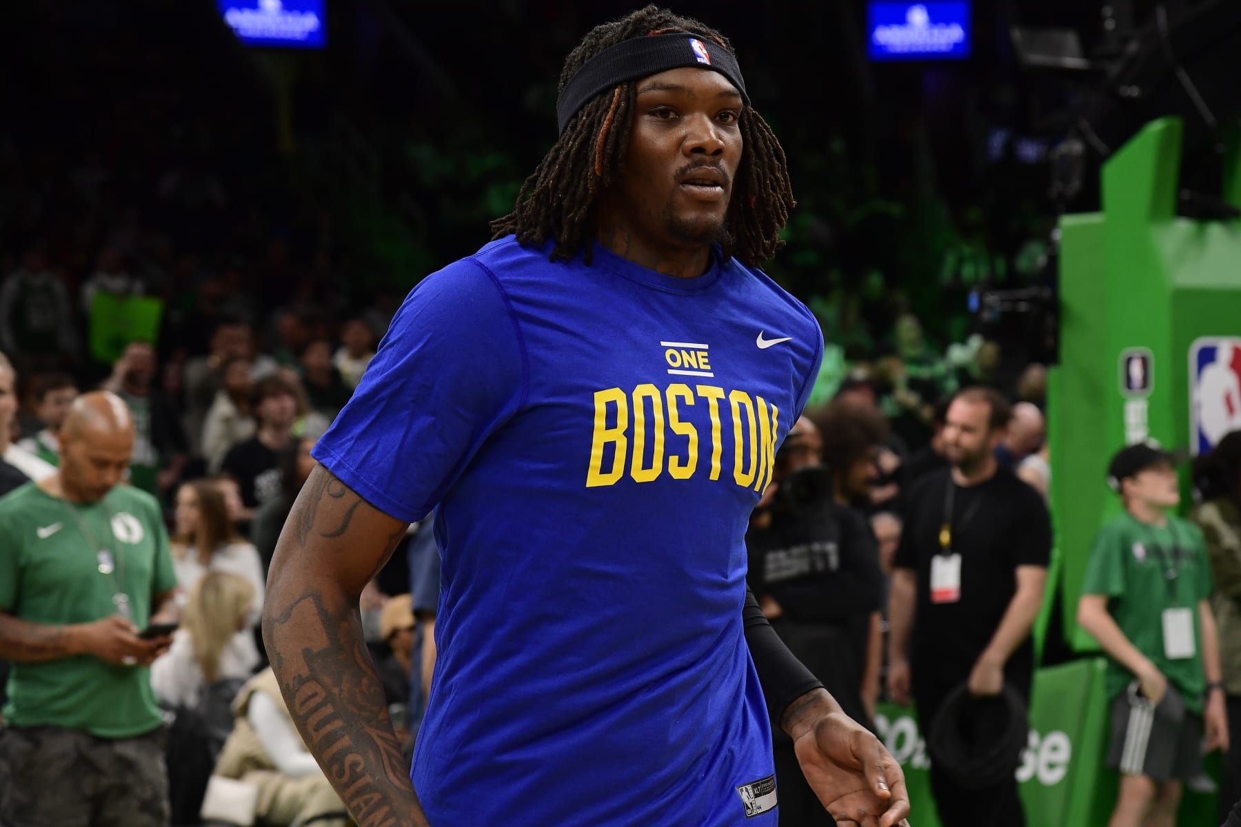 BOSTON, MA - APRIL 15: Robert Williams III #44 of the Boston Celtics looks on during pregame warm-ups During round one game one on April 15, 2023 at the TD Garden in Boston, Massachusetts. NOTE TO USER: User expressly acknowledges and agrees that, by downloading and or using this photograph, User is consenting to the terms and conditions of the Getty Images License Agreement. Mandatory Copyright Notice: Copyright 2023 NBAE (Photo by Brian Babineau/NBAE via Getty Images) BOSTON, MA - APRIL 15: Robert Williams III #44 of the Boston Celtics looks on during pregame warm-ups During round one game one on April 15, 2023 at the TD Garden in Boston, Massachusetts. NOTE TO USER: User expressly acknowledges and agrees that, by downloading and or using this photograph, User is consenting to the terms and conditions of the Getty Images License Agreement. Mandatory Copyright Notice: Copyright 2023 NBAE (Photo by Brian Babineau/NBAE via Getty Images)