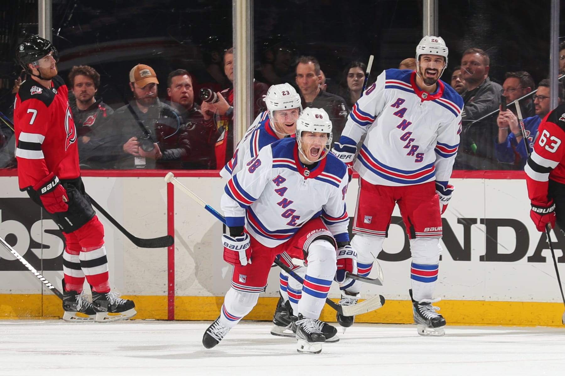 NEWARK, NJ - APRIL 20: Patrick Kane #88 of the New York Rangers celebrates his goal during the third period of Game Two of the First Round of the 2023 Stanley Cup Playoffs against the New Jersey Devils at the Prudential Center on April 20, 2023 in Newark, New Jersey. (Photo by Rich Graessle/NHLI via Getty Images)
