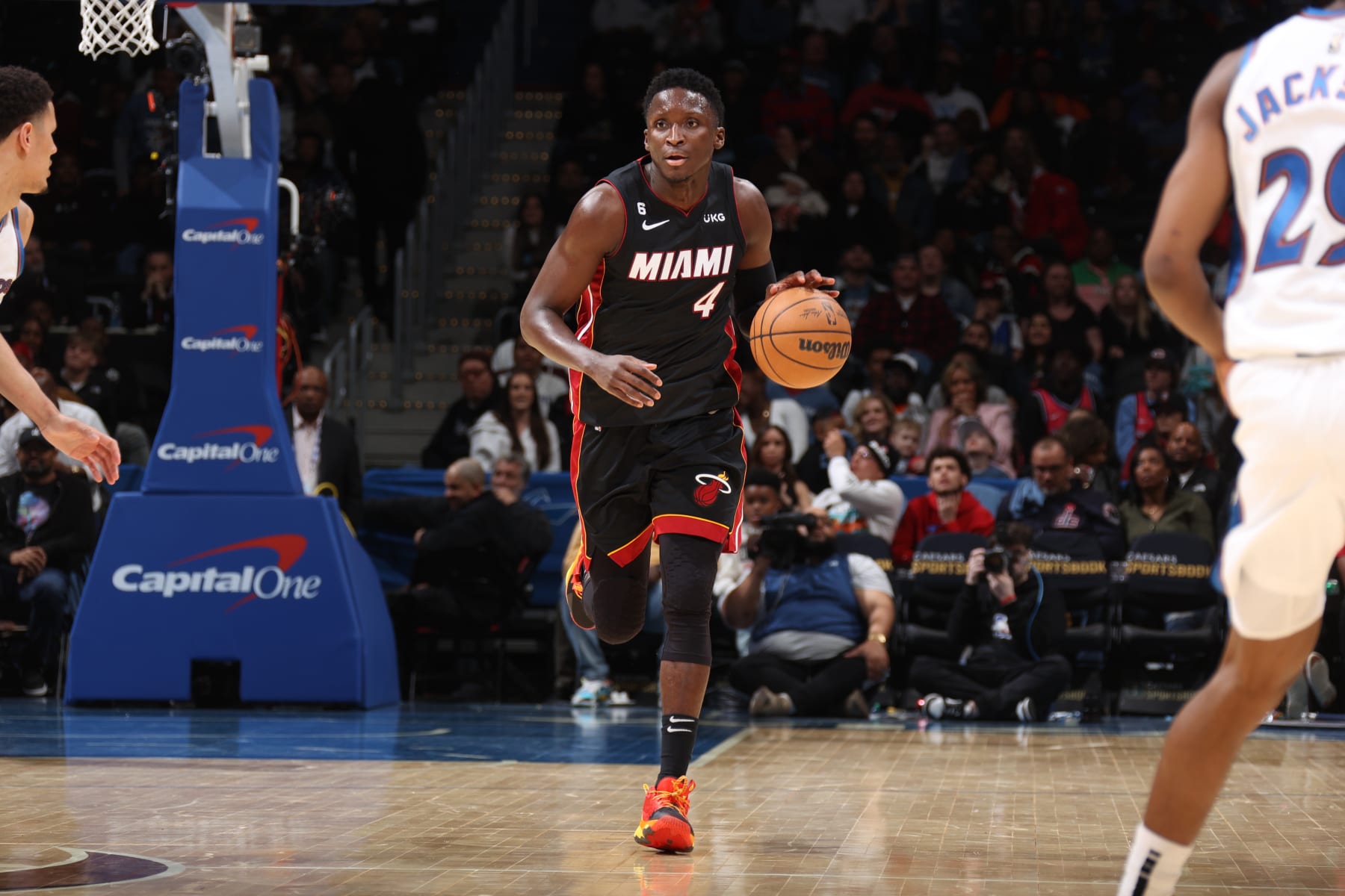 WASHINGTON, DC - APRIL 7: Victor Oladipo #4 of the Miami Heat dribbles the ball during the game against the Washington Wizards on April 7, 2023 at Capital One Arena in Washington, DC. NOTE TO USER: User expressly acknowledges and agrees that, by downloading and or using this Photograph, user is consenting to the terms and conditions of the Getty Images License Agreement. Mandatory Copyright Notice: Copyright 2023 NBAE (Photo by Stephen Gosling/NBAE via Getty Images) WASHINGTON, DC - APRIL 7: Victor Oladipo #4 of the Miami Heat dribbles the ball during the game against the Washington Wizards on April 7, 2023 at Capital One Arena in Washington, DC. NOTE TO USER: User expressly acknowledges and agrees that, by downloading and or using this Photograph, user is consenting to the terms and conditions of the Getty Images License Agreement. Mandatory Copyright Notice: Copyright 2023 NBAE (Photo by Stephen Gosling/NBAE via Getty Images)