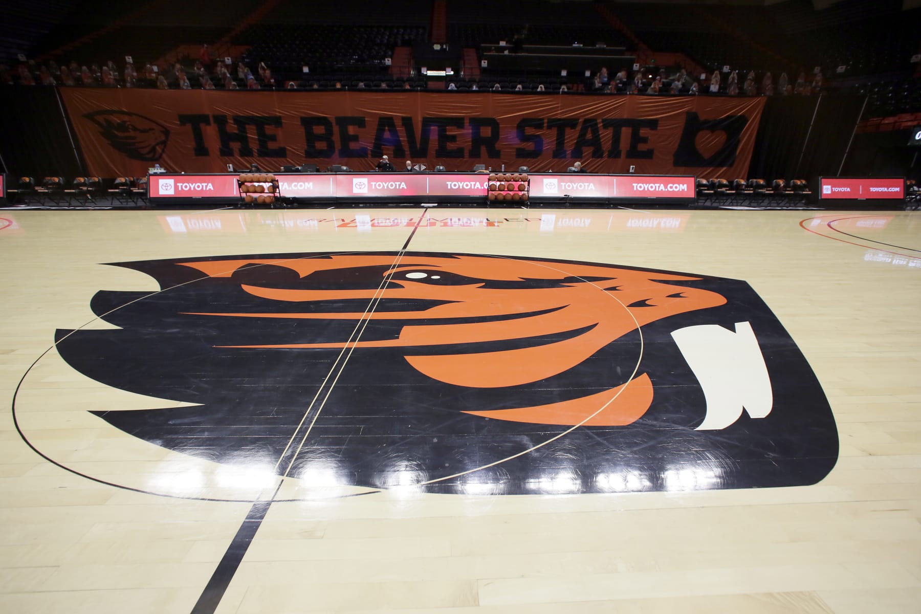 CORVALLIS, OREGON - NOVEMBER 27: A view of the center logo of the floor at Gill Coliseum before a game between the Oregon State Beavers and Northwest Eagles on November 27, 2020 in Corvallis, Oregon. (Photo by Soobum Im/Getty Images)