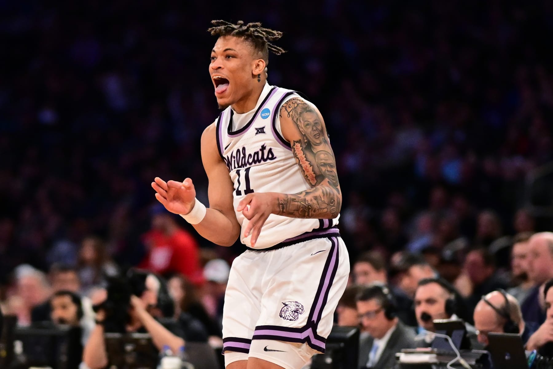 NEW YORK, NEW YORK - MARCH 25: Keyontae Johnson #11 of the Kansas State Wildcats reacts during the second half of the game against the Florida Atlantic Owls during the Elite Eight round of the 2023 NCAA Men's Basketball Tournament held at Madison Square Garden on March 25, 2023 in New York City. (Photo by Ben Solomon/NCAA Photos via Getty Images)