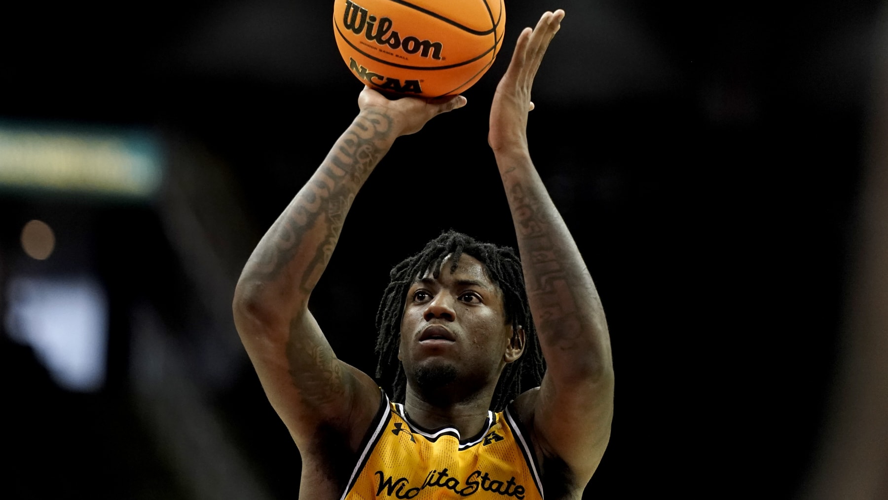 Wichita State guard Jaykwon Walton shoots during the first half of an NCAA college basketball game against San Francisco in the Hall of Fame Classic, Tuesday, Nov. 22, 2022, in Kansas City, Mo. (AP Photo/Charlie Riedel)