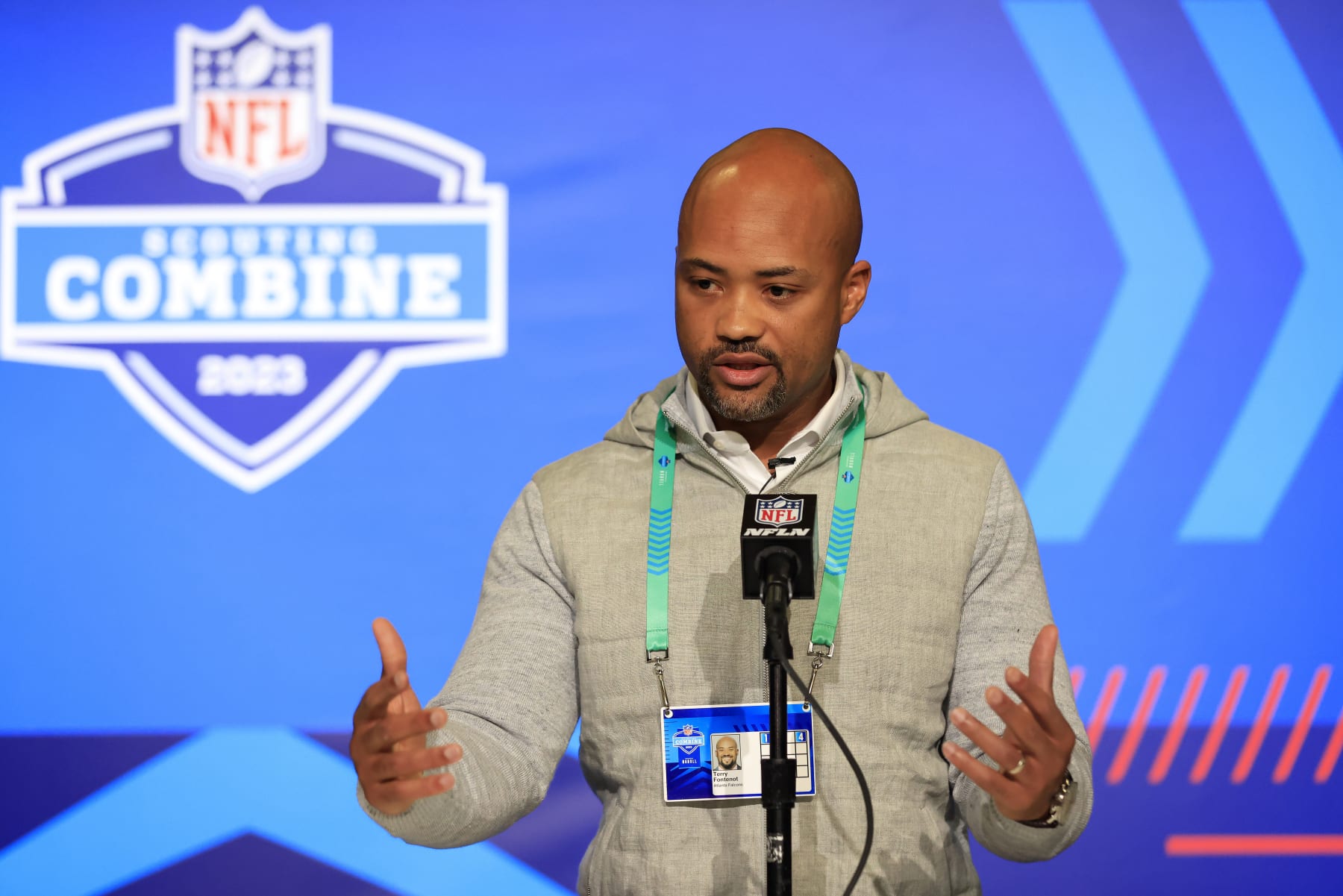 INDIANAPOLIS, INDIANA - FEBRUARY 28: General Manager Terry Fontenot of the Atlanta Falcons speaks with the media during the NFL Combine at Lucas Oil Stadium on February 28, 2023 in Indianapolis, Indiana. (Photo by Justin Casterline/Getty Images) INDIANAPOLIS, INDIANA - FEBRUARY 28: General Manager Terry Fontenot of the Atlanta Falcons speaks with the media during the NFL Combine at Lucas Oil Stadium on February 28, 2023 in Indianapolis, Indiana. (Photo by Justin Casterline/Getty Images)