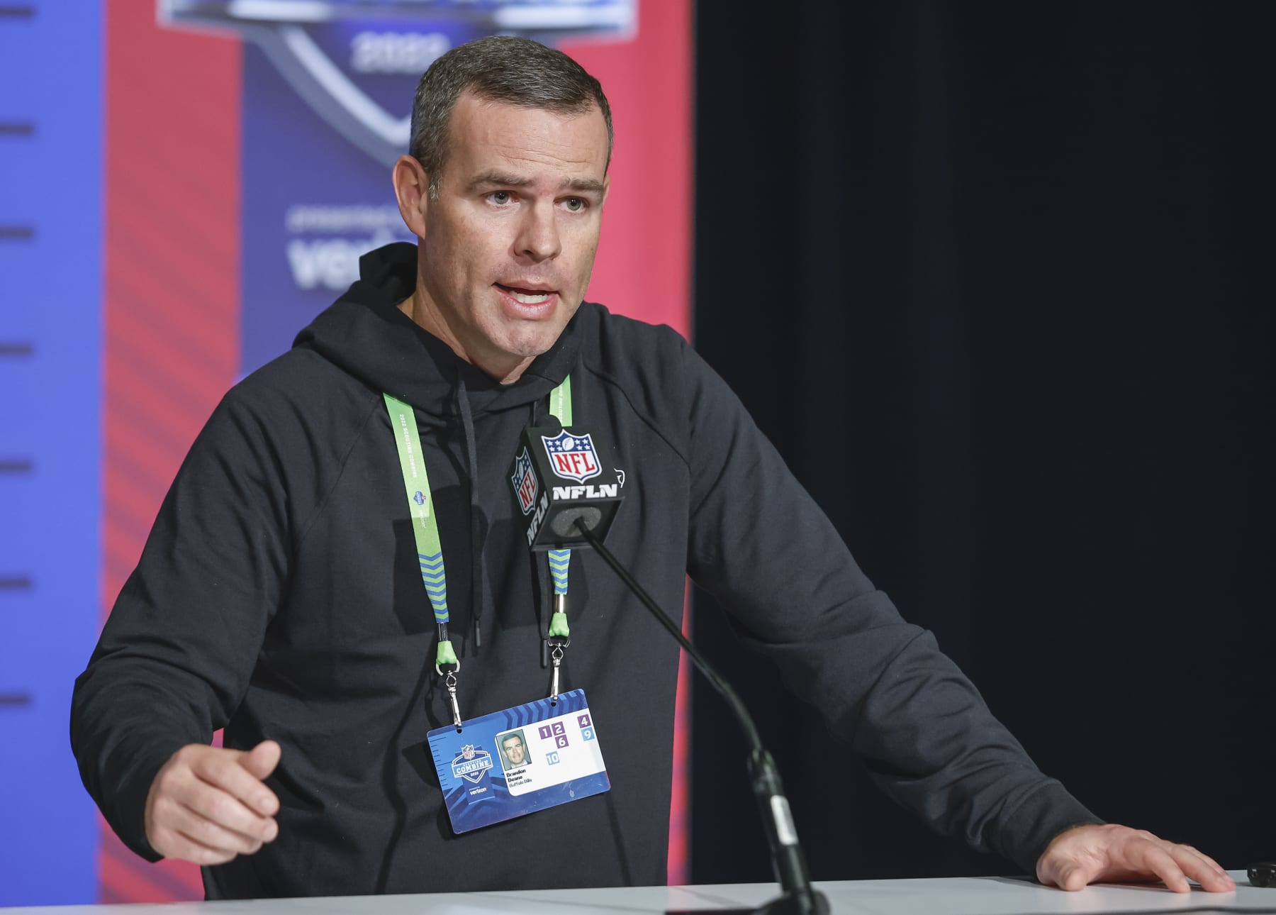 INDIANAPOLIS, IN - MAR 01: Brandon Beane, general manager of the Buffalo Bills speaks to reporters during the NFL Draft Combine at the Indiana Convention Center on March 1, 2022 in Indianapolis, Indiana. (Photo by Michael Hickey/Getty Images) INDIANAPOLIS, IN - MAR 01: Brandon Beane, general manager of the Buffalo Bills speaks to reporters during the NFL Draft Combine at the Indiana Convention Center on March 1, 2022 in Indianapolis, Indiana. (Photo by Michael Hickey/Getty Images)