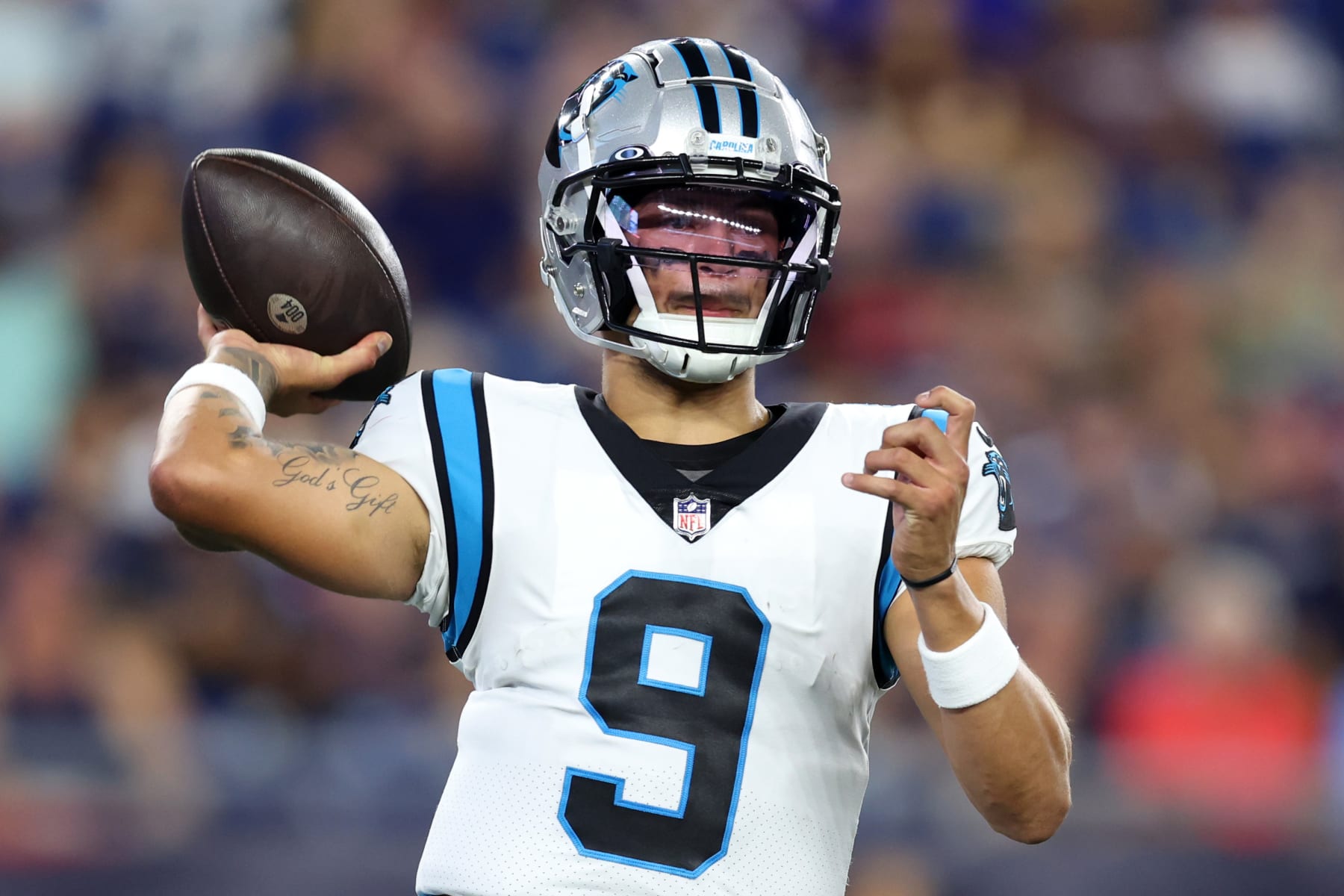 FOXBOROUGH, MASSACHUSETTS - AUGUST 19: Matt Corral #9 of the Carolina Panthers looks to pass during the preseason game between the New England Patriots and the Carolina Panthers at Gillette Stadium on August 19, 2022 in Foxborough, Massachusetts. (Photo by Maddie Meyer/Getty Images) FOXBOROUGH, MASSACHUSETTS - AUGUST 19: Matt Corral #9 of the Carolina Panthers looks to pass during the preseason game between the New England Patriots and the Carolina Panthers at Gillette Stadium on August 19, 2022 in Foxborough, Massachusetts. (Photo by Maddie Meyer/Getty Images)