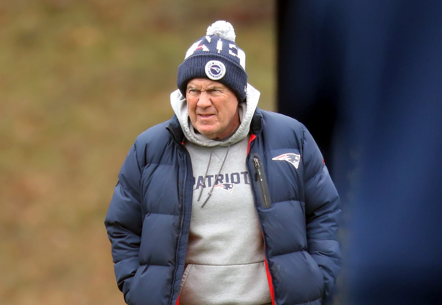 Foxborough, MA - January 4: New England Patriots head coach Bill Belichick walks on to the field during a practice session. (Photo by John Tlumacki/The Boston Globe via Getty Images) Foxborough, MA - January 4: New England Patriots head coach Bill Belichick walks on to the field during a practice session. (Photo by John Tlumacki/The Boston Globe via Getty Images)