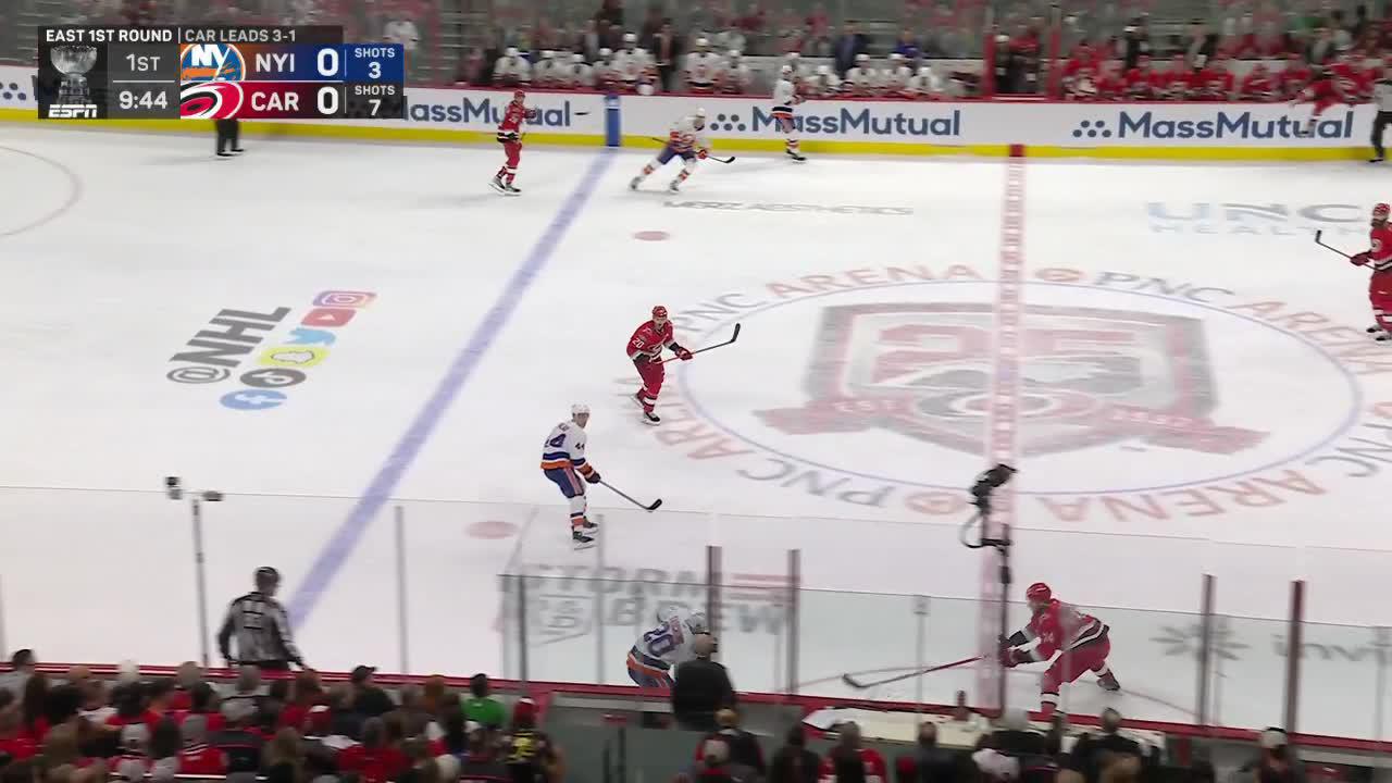 NYI (2)-0 CAR] Engvall's shot hits Aho in the face, and Nelson
