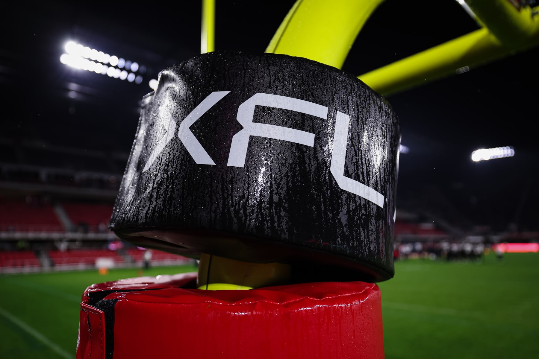 WASHINGTON, DC - MARCH 12: A general view of the XFL logo on the goalpost padding during the second half of the game between the DC Defenders and the Vegas Vipers at Audi Field on March 12, 2023 in Washington, DC. (Photo by Scott Taetsch/Getty Images)