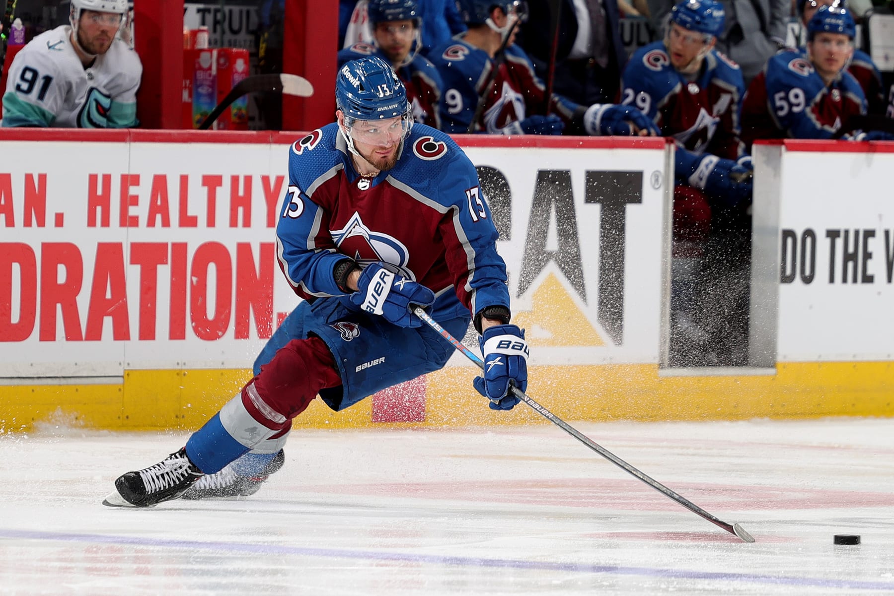 DENVER, COLORADO - APRIL 18: Valeri Nichushkin #13 of the Colorado Avalanche skates against the Seattle Kraken in Game One of the First Round of the Stanley Cup Playoffs at Ball Arena on April 18, 2023 in Denver, Colorado. (Photo by Michael Martin/NHLI via Getty Images)