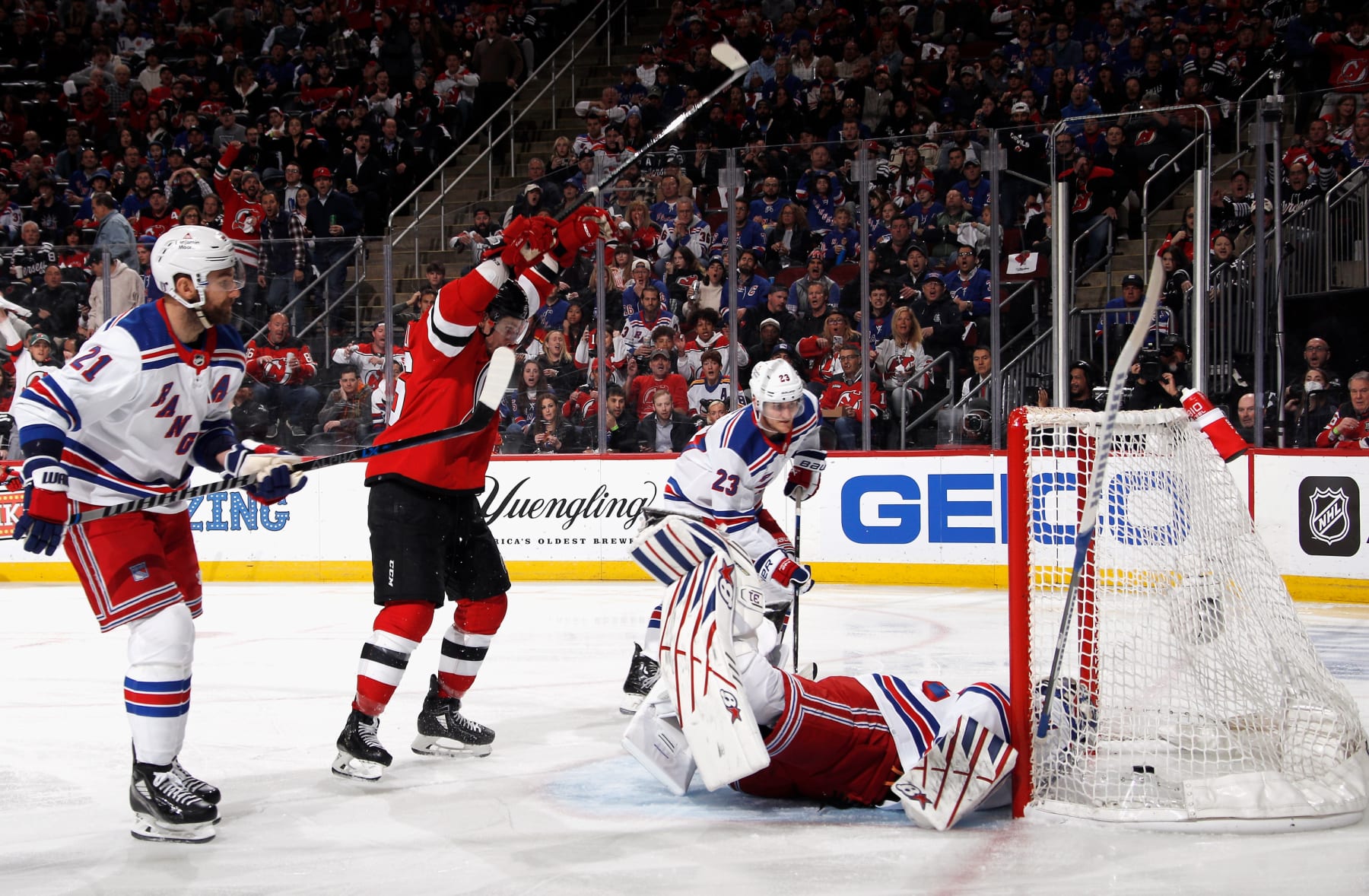 NEWARK, NEW JERSEY - APRIL 27: Timo Meier #96 of the New Jersey Devils celebrates a second period goal by Erik Haula #56 against Igor Shesterkin #31 of the New York Rangers in Game Five of the First Round of the 2023 Stanley Cup Playoffs at Prudential Center on April 27, 2023 in Newark, New Jersey. (Photo by Bruce Bennett/Getty Images)