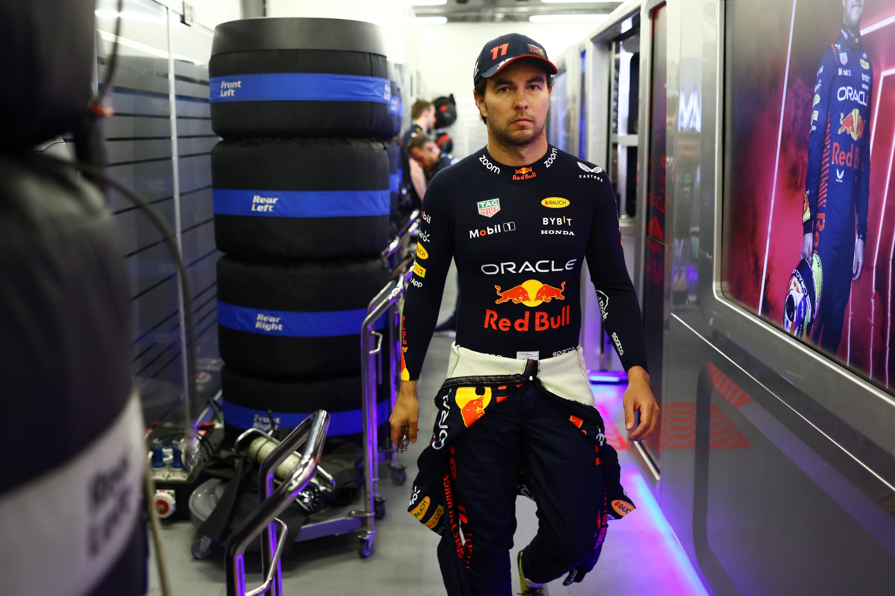 BAKU, AZERBAIJAN - APRIL 30: Sergio Perez of Mexico and Oracle Red Bull Racing prepares to drive in the garage prior to the F1 Grand Prix of Azerbaijan at Baku City Circuit on April 30, 2023 in Baku, Azerbaijan. (Photo by Mark Thompson/Getty Images)