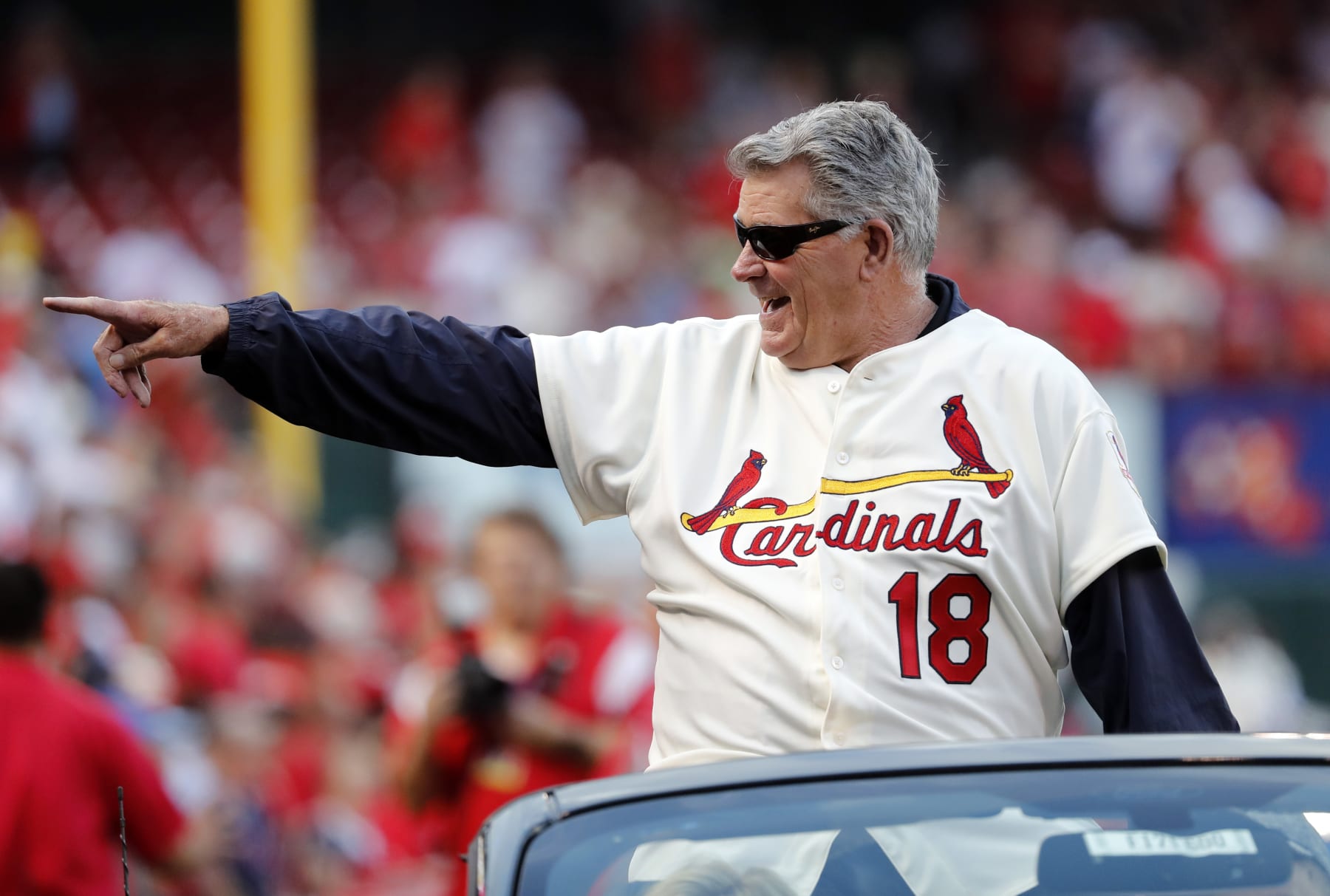 Mike Shannon, a member of the St. Louis Cardinals' 1967 World Series championship team, takes part in a ceremony honoring the 50th anniversary of the victory before the start of a baseball game between the St. Louis Cardinals and the Boston Red Sox Wednesday, May 17, 2017, in St. Louis. (AP Photo/Jeff Roberson)