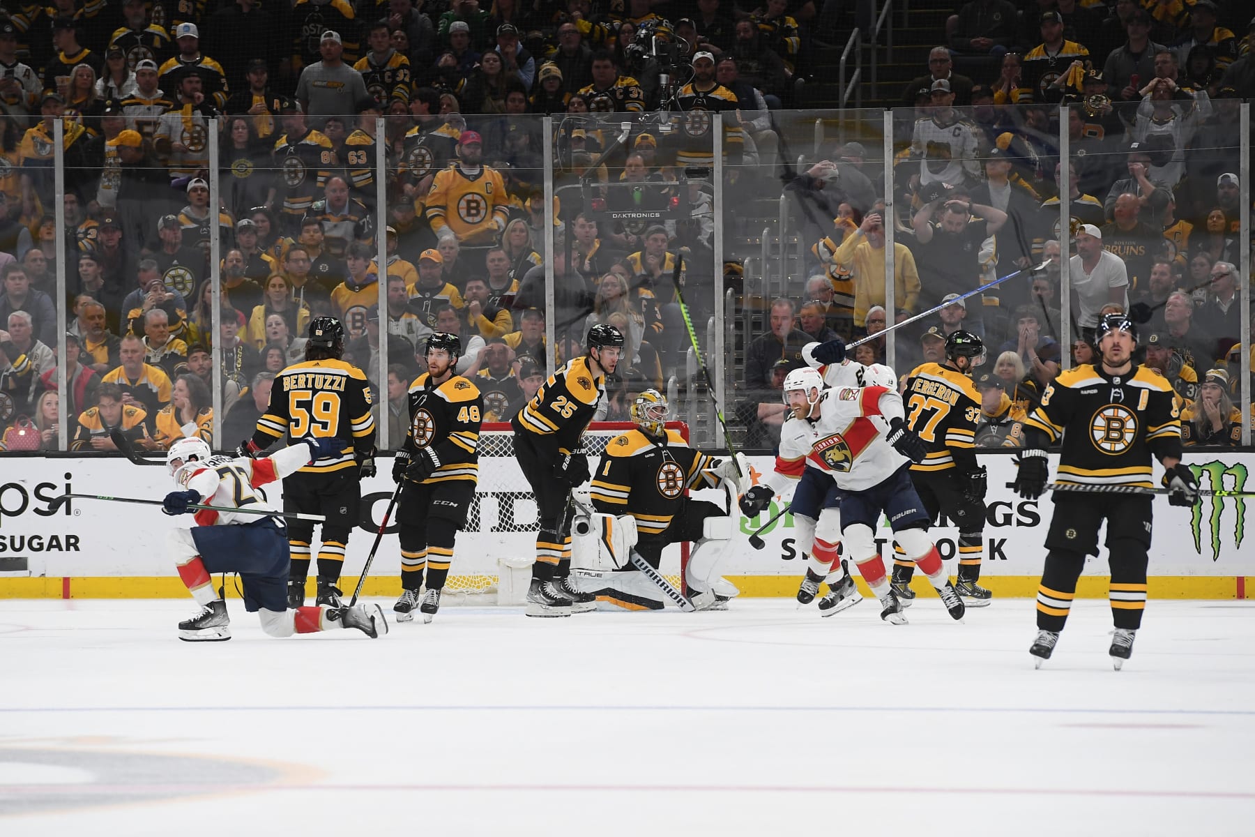 BOSTON, MASSACHUSETTS - APRIL 30: The Florida Panthers celebrate the overtime win against the Boston Bruins in Game Seven of the First Round of the 2023 Stanley Cup Playoffs at TD Garden on April 30, 2023, in Boston, Massachusetts. (Photo by Steve Babineau/NHLI via Getty Images)