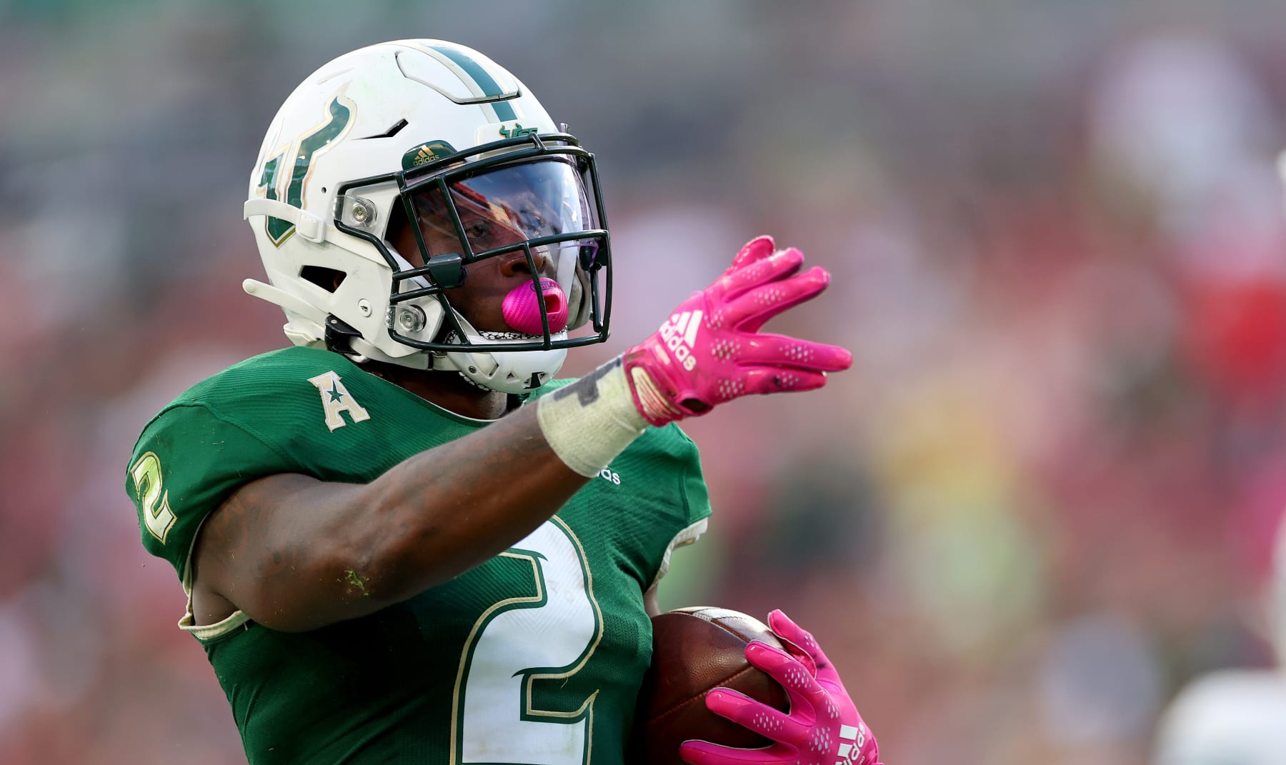 TAMPA, FLORIDA - OCTOBER 15: Michel Dukes #2 of the South Florida Bulls reacts to a play during a game against the Tulane Green Wave at Raymond James Stadium on October 15, 2022 in Tampa, Florida. (Photo by Mike Ehrmann/Getty Images)