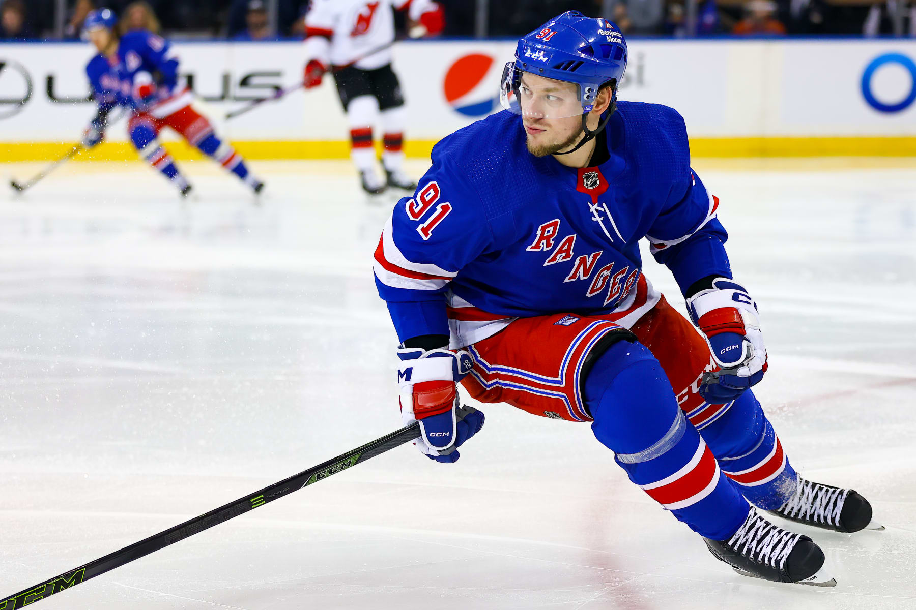 NEW YORK, NY - APRIL 24: New York Rangers Right Wing Vladimir Tarasenko (91) is pictured during Game 4 of the National Hockey League Eastern Conference First Round between the New Jersey Devils and the New York Rangers on April 24, 2023 at Madison Square Garden in New York, NY. (Photo by Joshua Sarner/Icon Sportswire via Getty Images)