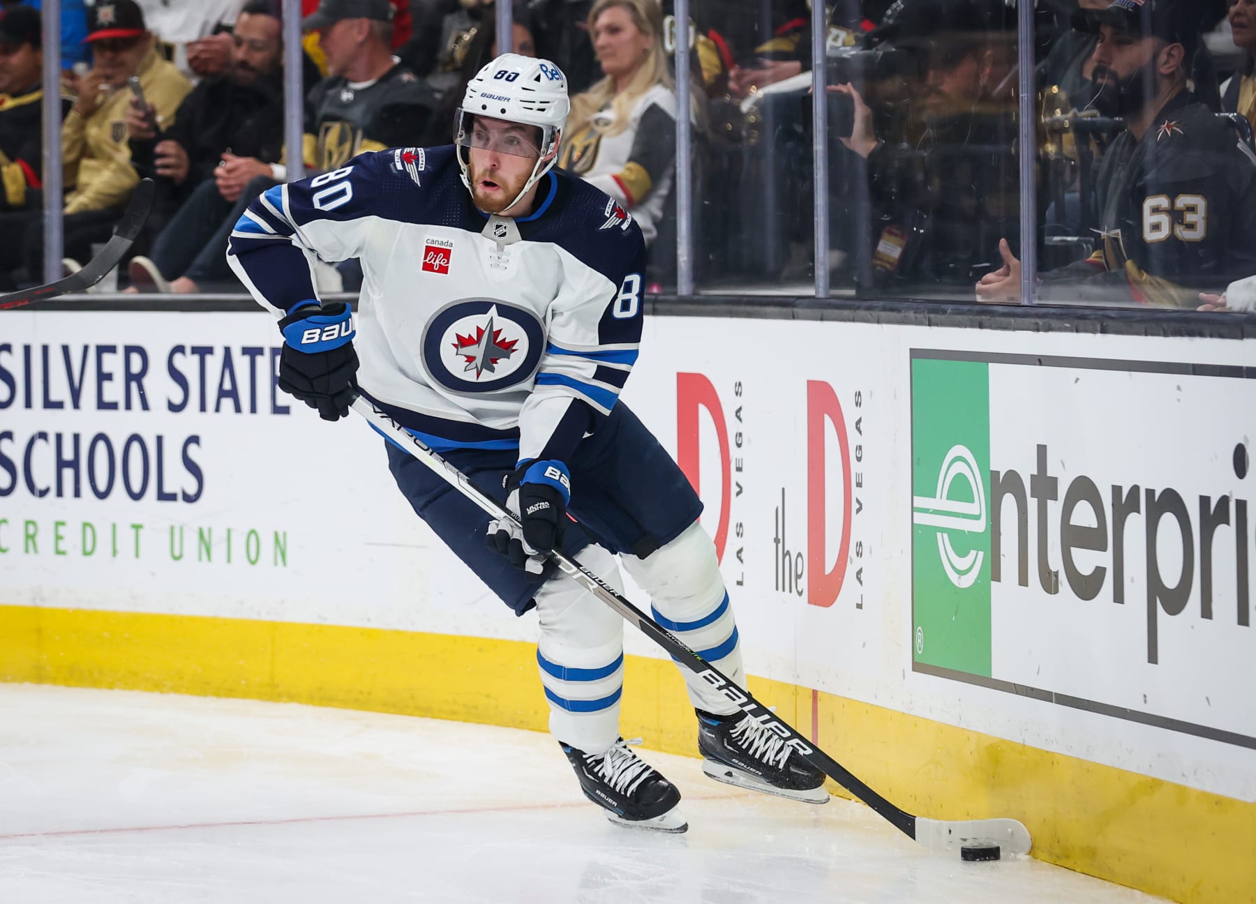 LAS VEGAS, NEVADA - APRIL 18: Pierre-Luc Dubois #80 of the Winnipeg Jets skates during the second period against the Vegas Golden Knights in Game One of the First Round of the 2023 Stanley Cup Playoffs at T-Mobile Arena on April 18, 2023 in Las Vegas, Nevada. (Photo by Zak Krill/NHLI via Getty Images)