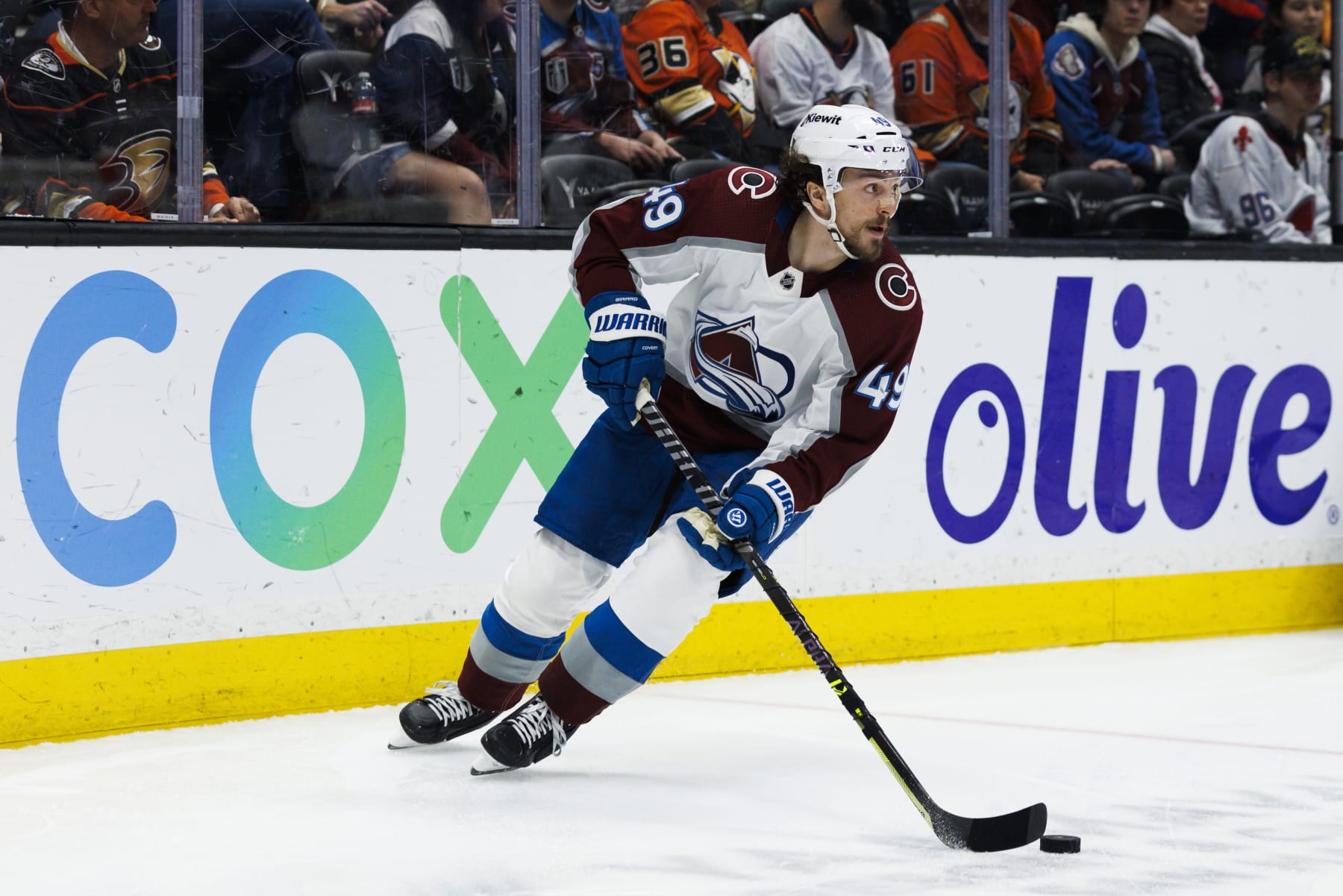 ANAHEIM, CA - APRIL 09: Colorado Avalanche defenseman Samuel Girard (49) skates with the puck during an NHL hockey game between the Colorado Avalanche and the Anaheim Ducks on April 9, 2023 at Honda Center in Anaheim, CA. (Photo by Ric Tapia/Icon Sportswire via Getty Images)