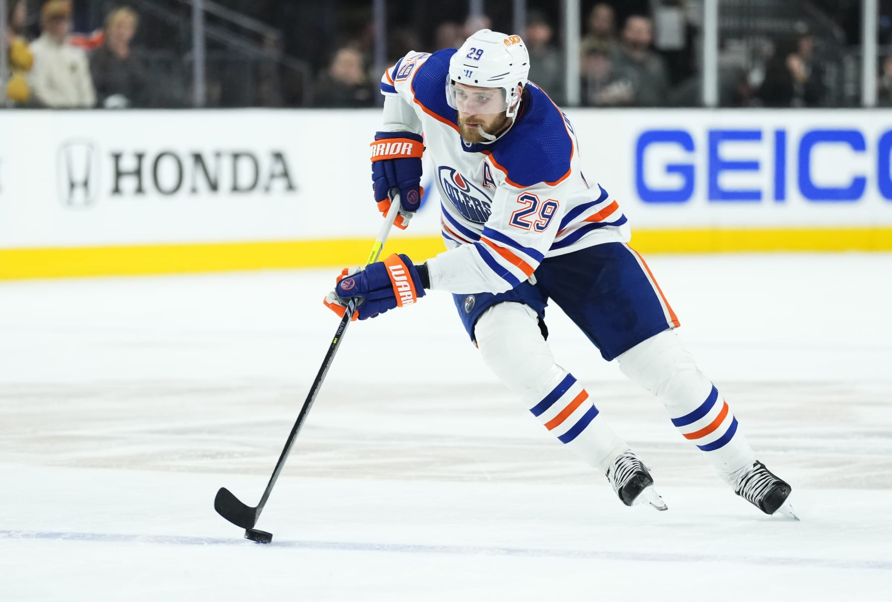 LAS VEGAS, NEVADA - MAY 03: Leon Draisaitl #29 of the Edmonton Oilers skates during the second period against the Vegas Golden Knights in Game One of the Second Round of the 2023 Stanley Cup Playoffs at T-Mobile Arena on May 03, 2023 in Las Vegas, Nevada. (Photo by Jeff Bottari/NHLI via Getty Images)