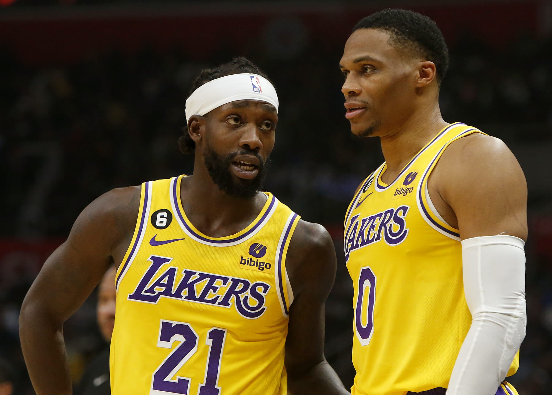 LOS ANGELES, CALIF. - NOV. 9, 2022. Laker guards Patrick Beverley, left, and Russell Westbrook talk during a break in the action of the game against the Clippers at Crypto.com Arena in Los Angeles on Wednesday night, Nov. 9, 2022. (Luis Sinco / Los Angeles Times via Getty Images) LOS ANGELES, CALIF. - NOV. 9, 2022. Laker guards Patrick Beverley, left, and Russell Westbrook talk during a break in the action of the game against the Clippers at Crypto.com Arena in Los Angeles on Wednesday night, Nov. 9, 2022. (Luis Sinco / Los Angeles Times via Getty Images)