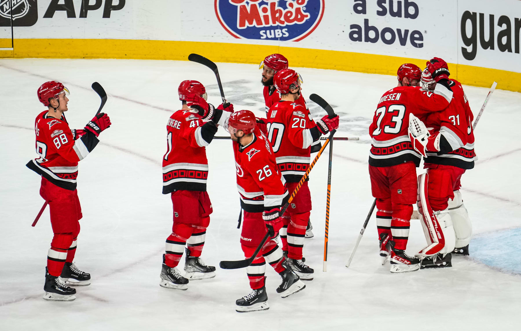 RALEIGH, NORTH CAROLINA - MAY 03: The Carolina Hurricanes celebrate after a 5-1 victory over the New Jersey Devils in Game One of the Second Round of the 2023 Stanley Cup Playoffs at PNC Arena on May 03, 2023 in Raleigh, North Carolina. (Photo by Cato Cataldo/NHLI via Getty Images)