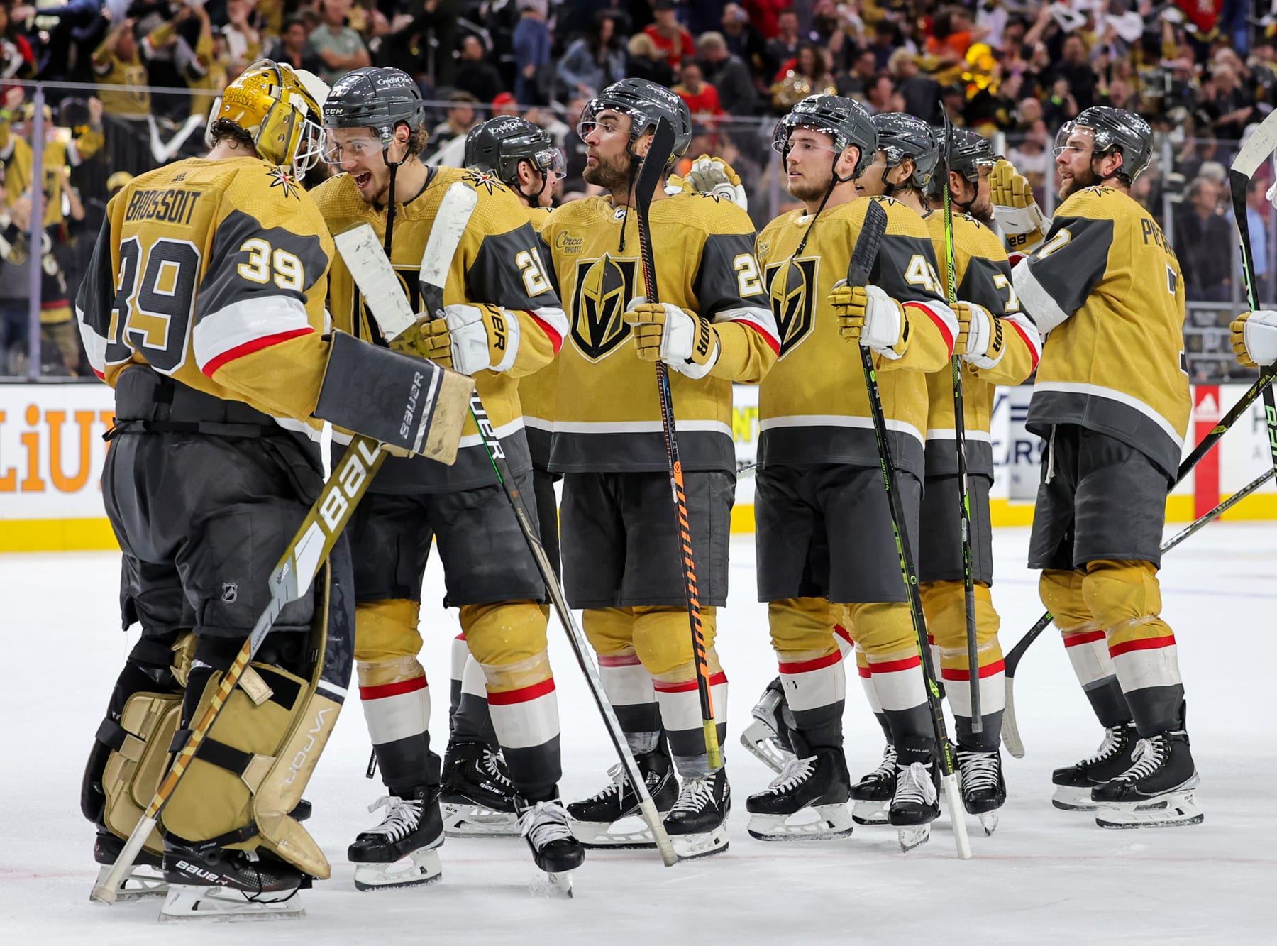 LAS VEGAS, NEVADA - MAY 03: Laurent Brossoit #39 of the Vegas Golden Knights celebrates with teammates on the ice after the team's 6-4 victory over the Edmonton Oilers in Game One of the Second Round of the 2023 Stanley Cup Playoffs at T-Mobile Arena on May 03, 2023 in Las Vegas, Nevada. (Photo by Ethan Miller/Getty Images)