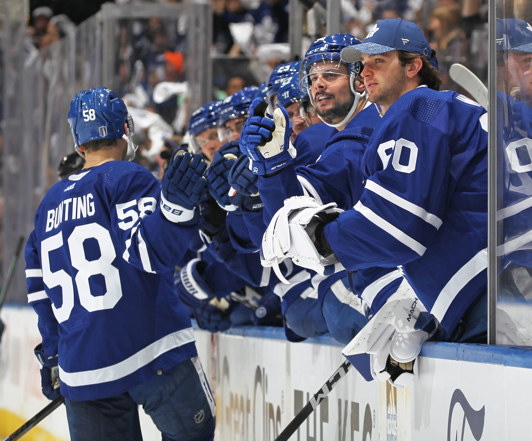 TORONTO, CANADA - MAY 2: Michael Bunting #58 of the Toronto Maple Leafs celebrates a goal against the Florida Panthers during Game One of the Second Round of the 2023 Stanley Cup Playoffs at Scotiabank Arena on May 2, 2023 in Toronto, Ontario, Canada. (Photo by Claus Andersen/Getty Images)