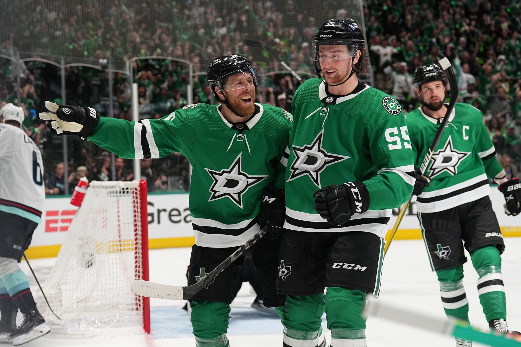 DALLAS, TX MAY 2: Joe Pavelski #16 and Thomas Harley #55 of the Dallas Stars celebrate a goal against the Seattle Kraken in Game One of the Second Round of the 2023 Stanley Cup Playoffs at American Airlines Center on May 2, 2023, in Dallas, Texas (Photo by Glenn James/NHLI via Getty Images)