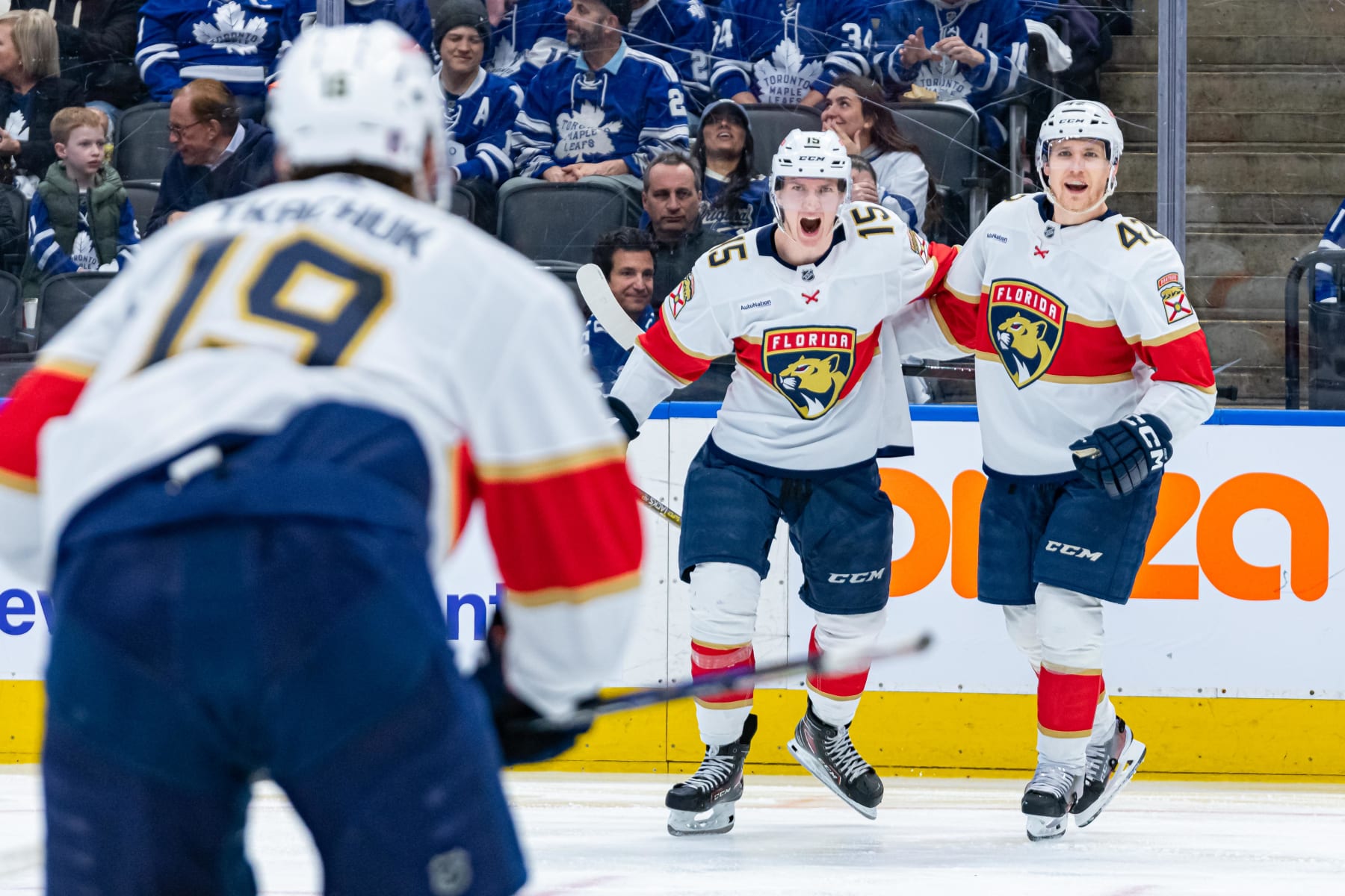 TORONTO, ON - MAY 04: Florida Panthers Defenceman Gustav Forsling (42) celebrates his goal with Center Anton Lundell (15) during the second period of the Round 2 NHL Stanley Cup Playoffs Game 2 between the Florida Panthers and the Toronto Maple Leafs on May 4, 2023, at Scotiabank Arena in Toronto, ON, Canada. (Photo by Julian Avram/Icon Sportswire via Getty Images)