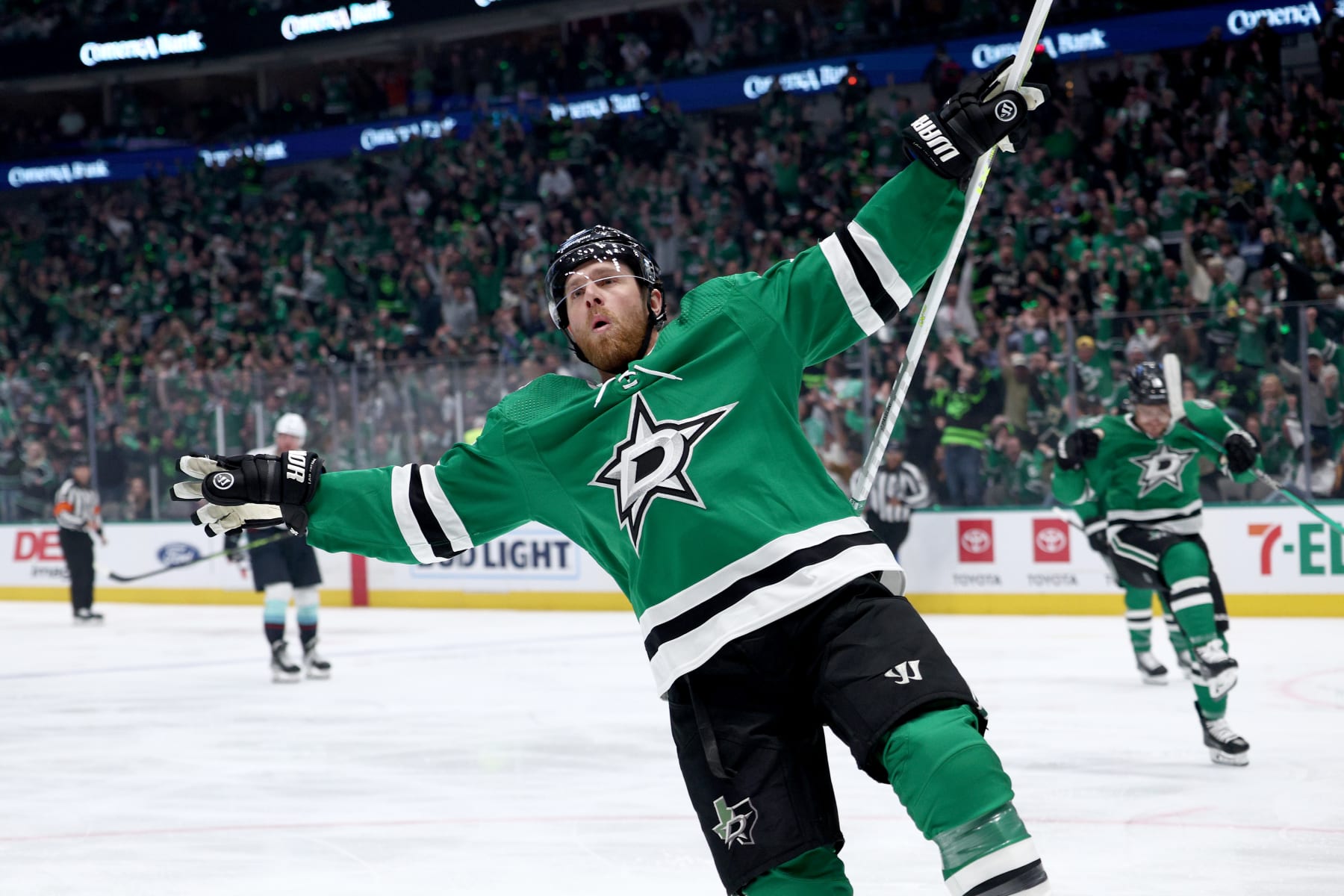 DALLAS, TEXAS - MAY 02: Joe Pavelski #16 of the Dallas Stars celebrates after scoring a goal against the Seattle Kraken in the first period in Game One of the Second Round of the 2023 Stanley Cup Playoffs at American Airlines Center on May 02, 2023 in Dallas, Texas. (Photo by Tom Pennington/Getty Images)