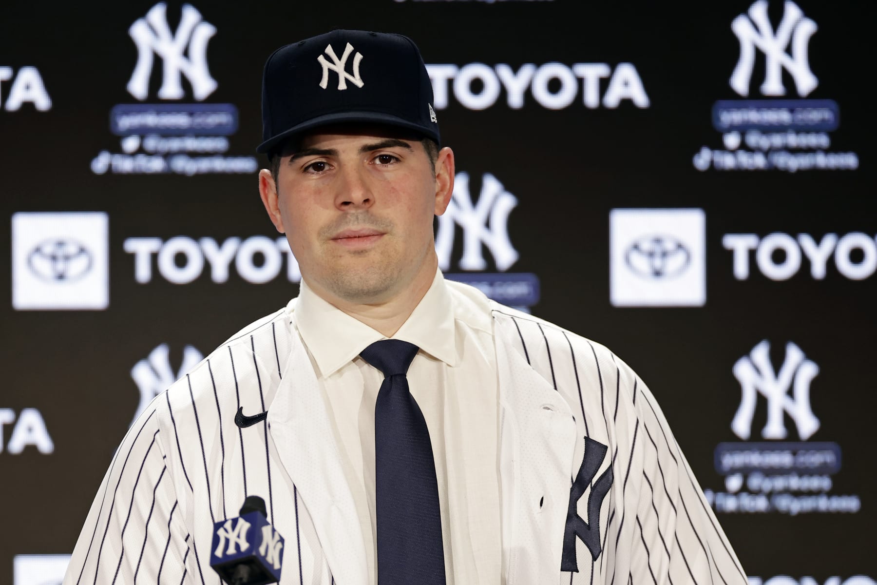 New York Yankees' Carlos Rodon speaks during his introductory baseball news conference at Yankee Stadium, Thursday, Dec. 22, 2022, in New York. (AP Photo/Adam Hunger)