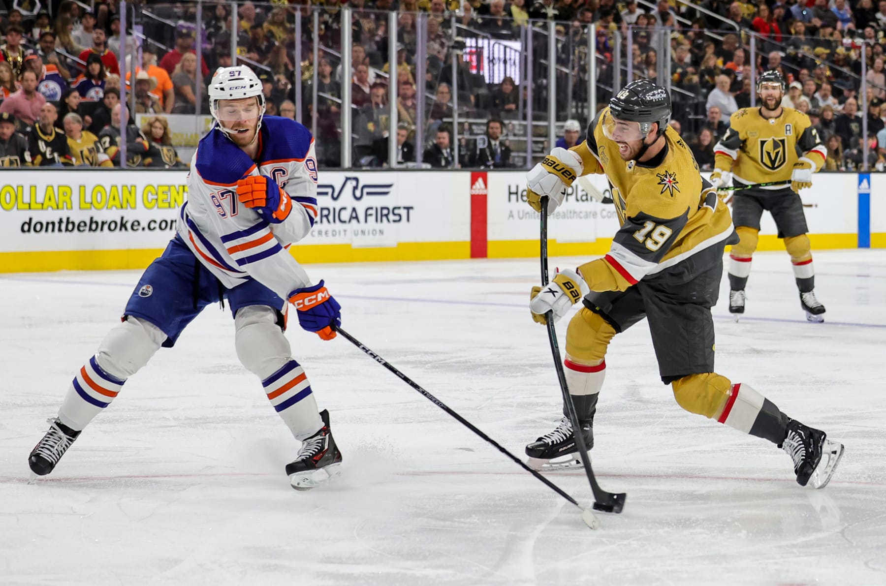 LAS VEGAS, NEVADA - MAY 03: Reilly Smith #19 of the Vegas Golden Knights shoots against Connor McDavid #97 of the Edmonton Oilers in the second period of Game One of the Second Round of the 2023 Stanley Cup Playoffs at T-Mobile Arena on May 03, 2023 in Las Vegas, Nevada. The Golden Knights defeated the Oilers 6-4. (Photo by Ethan Miller/Getty Images)