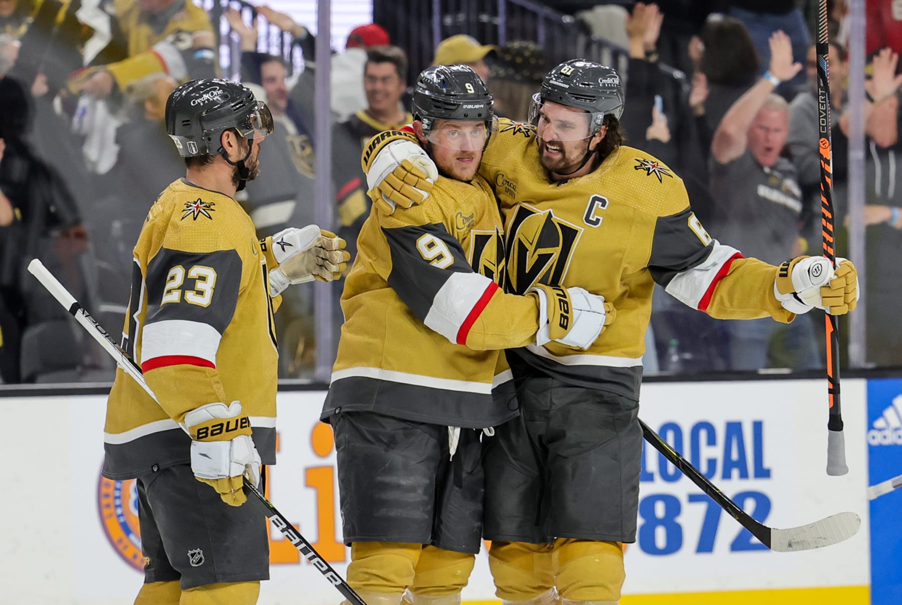 LAS VEGAS, NEVADA - MAY 03: Alec Martinez #23, Jack Eichel #9 and Mark Stone #61 of the Vegas Golden Knights celebrate Eichel's empty-net power-play goal against the Edmonton Oilers in the third period of Game One of the Second Round of the 2023 Stanley Cup Playoffs at T-Mobile Arena on May 03, 2023 in Las Vegas, Nevada. The Golden Knights defeated the Oilers 6-4. (Photo by Ethan Miller/Getty Images)