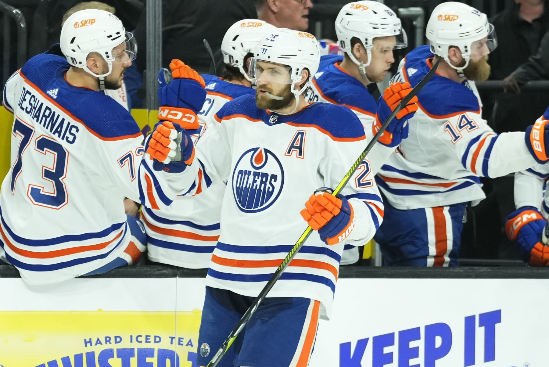 LAS VEGAS, NEVADA - MAY 03: Leon Draisaitl #29 of the Edmonton Oilers celebrates after scoring a goal during the first period against the Vegas Golden Knights in Game One of the Second Round of the 2023 Stanley Cup Playoffs at T-Mobile Arena on May 03, 2023 in Las Vegas, Nevada. (Photo by Jeff Bottari/NHLI via Getty Images)