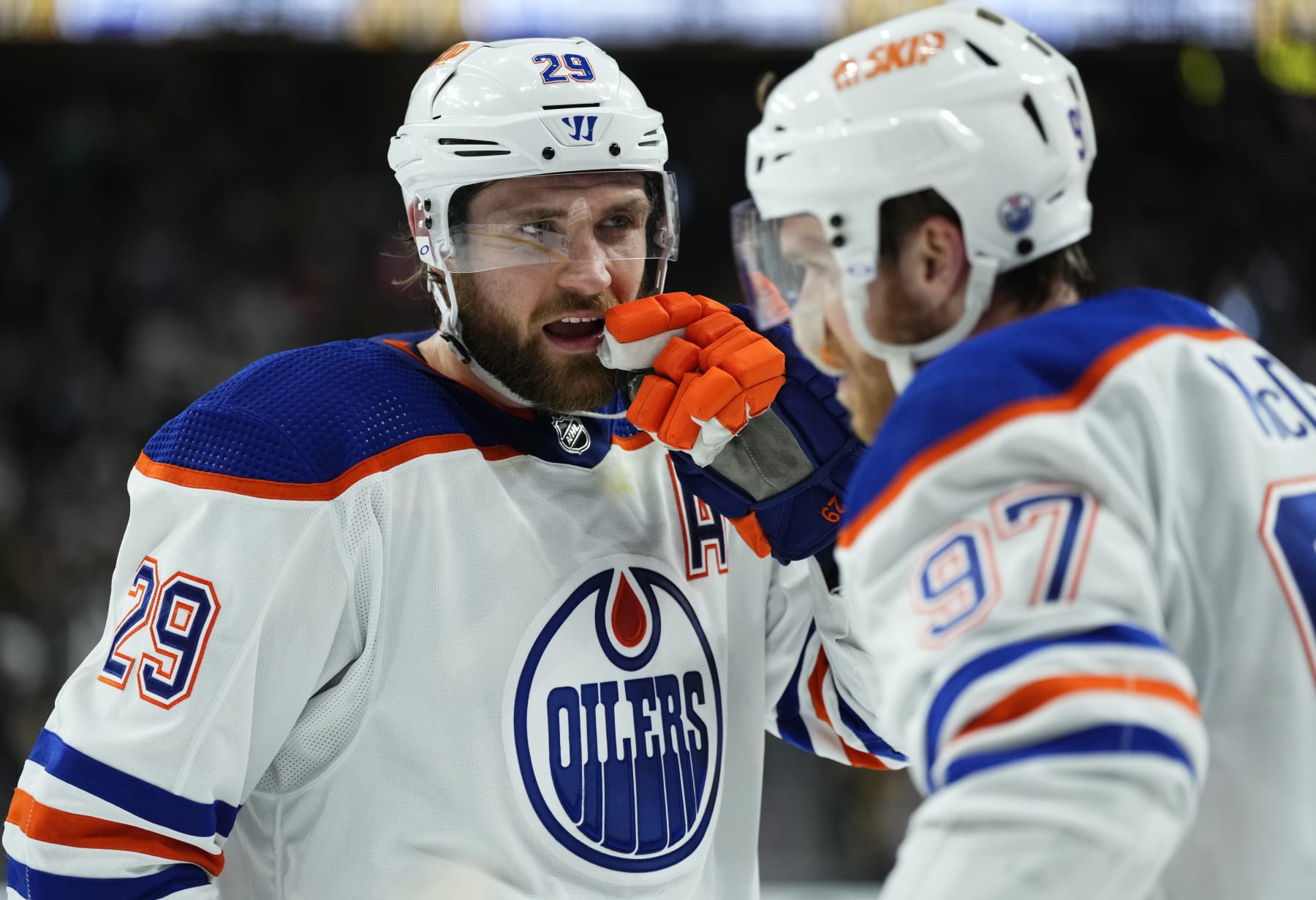 LAS VEGAS, NEVADA - MAY 03: Leon Draisaitl #29 and Connor McDavid #97 of the Edmonton Oilers talk during the third period against the Vegas Golden Knights in Game One of the Second Round of the 2023 Stanley Cup Playoffs at T-Mobile Arena on May 03, 2023 in Las Vegas, Nevada. (Photo by Jeff Bottari/NHLI via Getty Images)