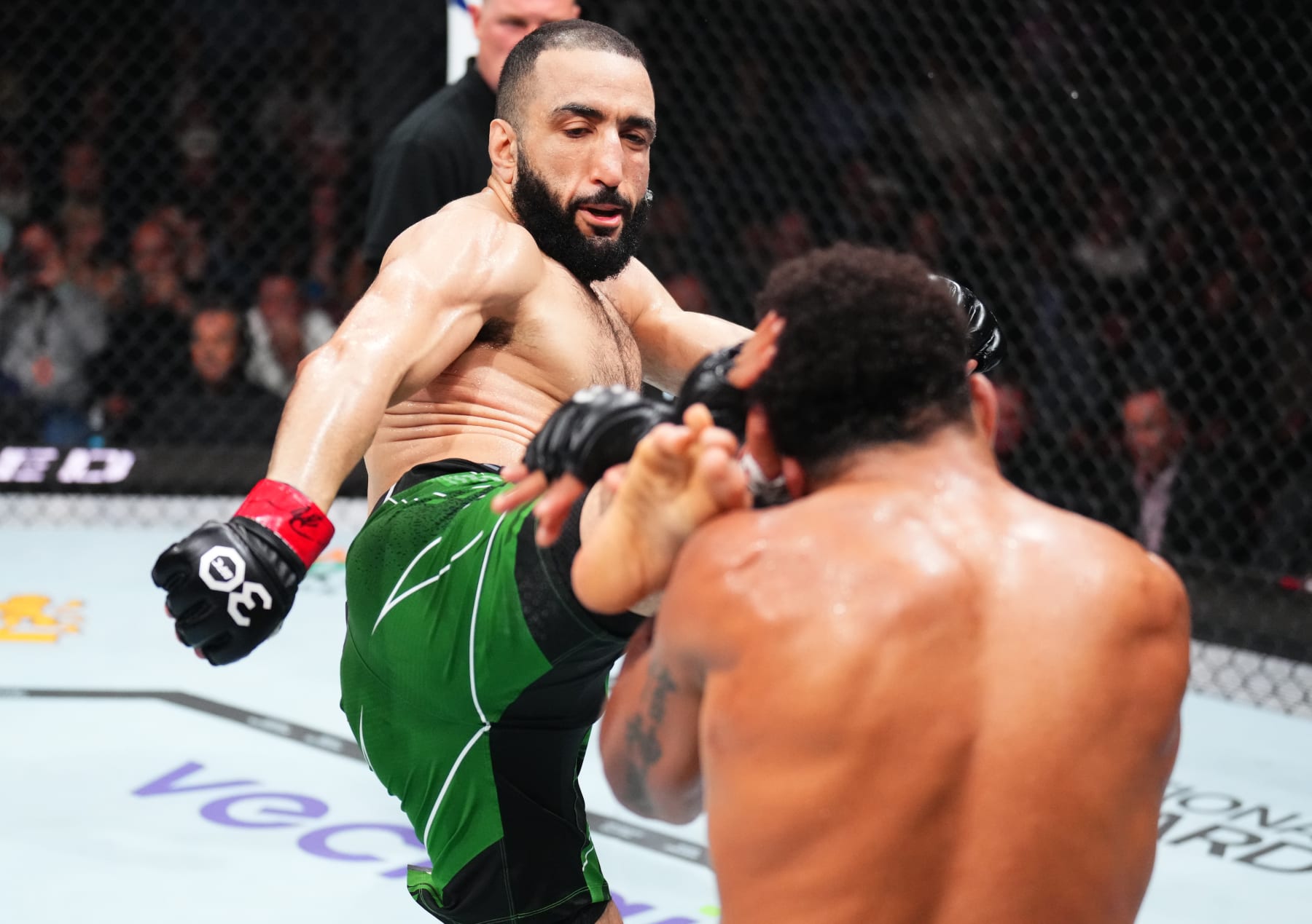 NEWARK, NEW JERSEY - MAY 06: (L-R) Belal Muhammad kicks Gilbert Burns of Brazil in a welterweight fight during the UFC 288 event at Prudential Center on May 06, 2023 in Newark, New Jersey. (Photo by Chris Unger/Zuffa LLC via Getty Images) NEWARK, NEW JERSEY - MAY 06: (L-R) Belal Muhammad kicks Gilbert Burns of Brazil in a welterweight fight during the UFC 288 event at Prudential Center on May 06, 2023 in Newark, New Jersey. (Photo by Chris Unger/Zuffa LLC via Getty Images)