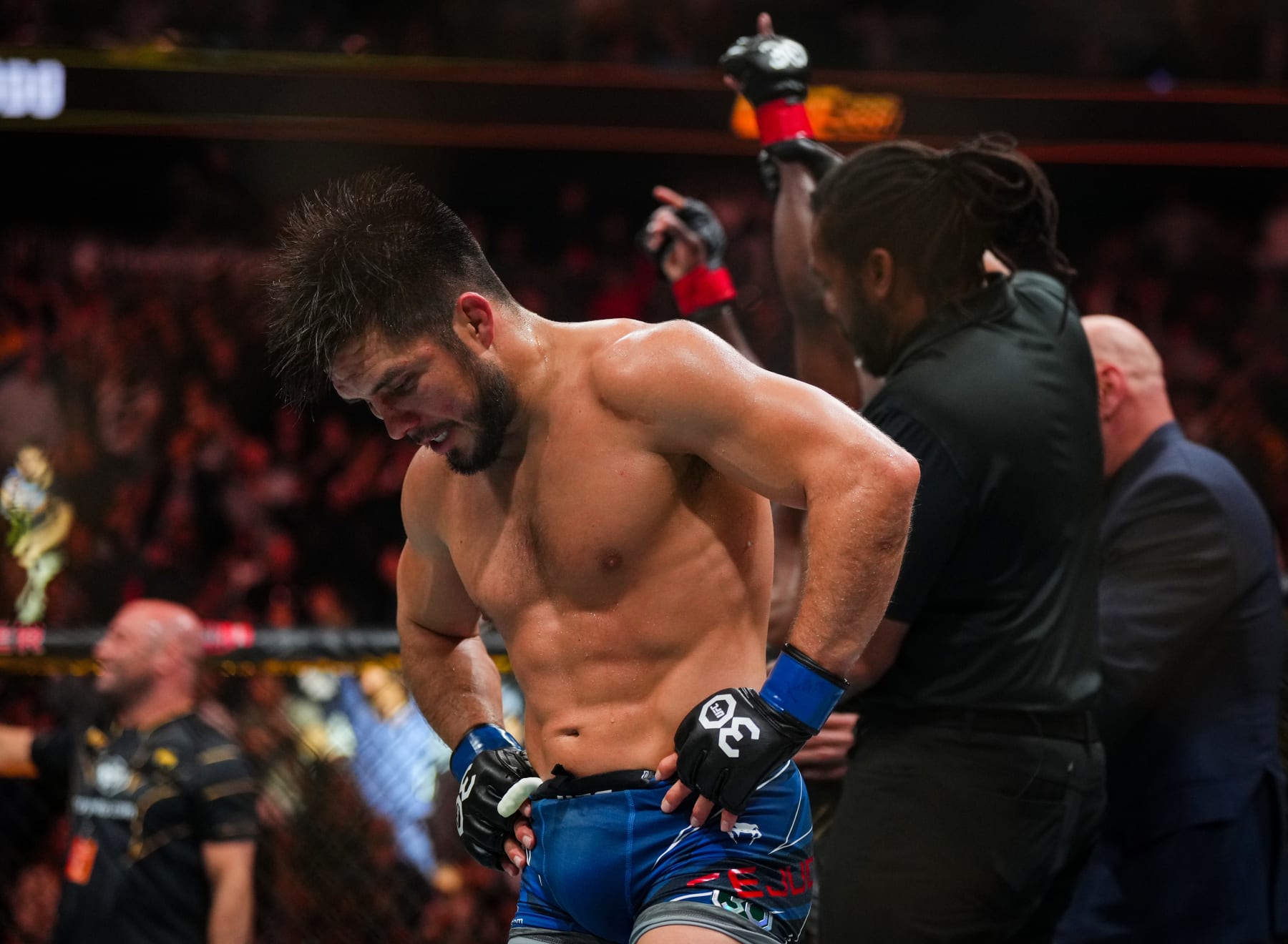 NEWARK, NEW JERSEY - MAY 06: Henry Cejudo reacts after a split-decision loss to Aljamain Sterling in the UFC bantamweight championship fight during the UFC 288 event at Prudential Center on May 06, 2023 in Newark, New Jersey. (Photo by Cooper Neill/Zuffa LLC via Getty Images)