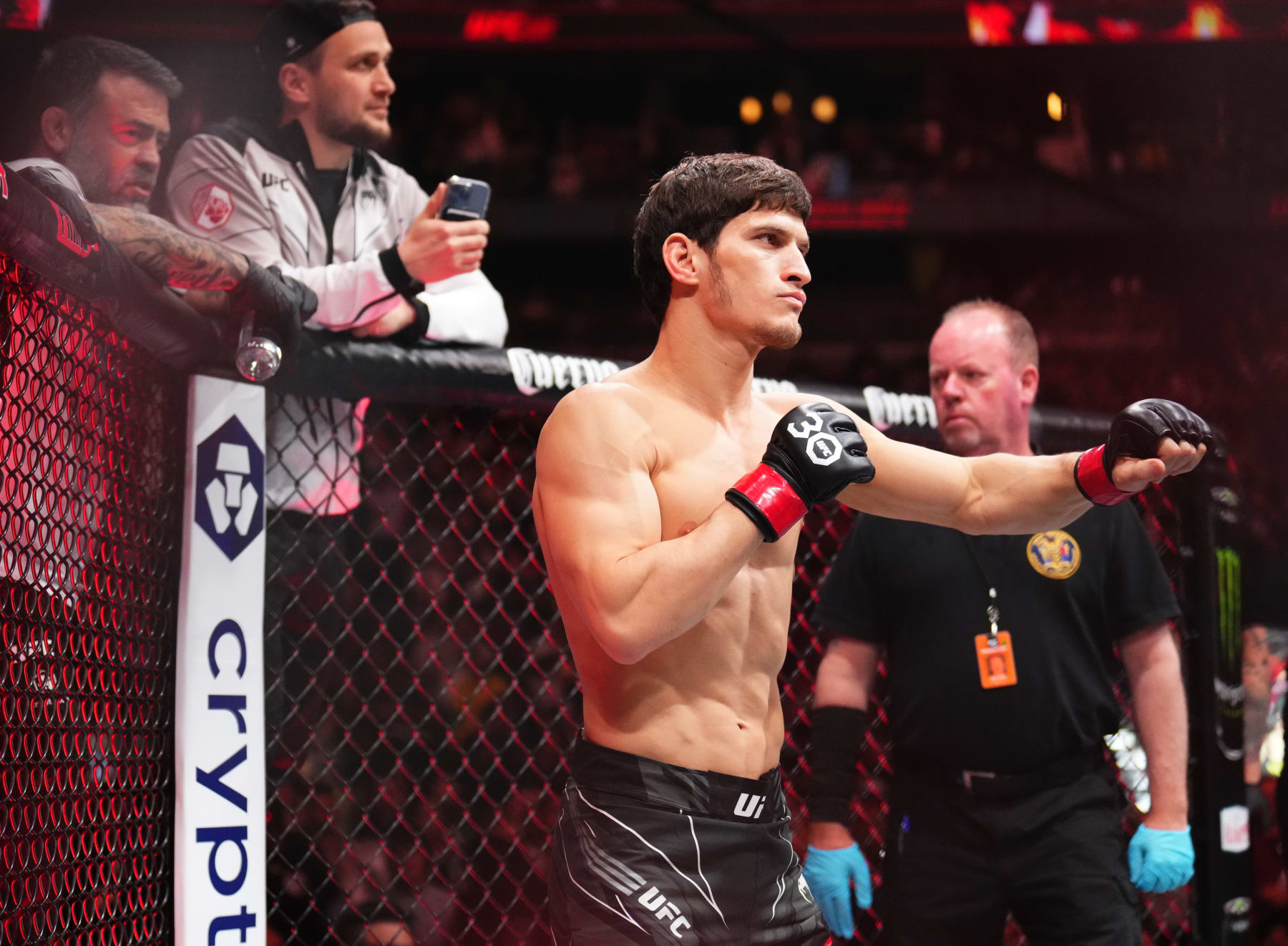 NEWARK, NEW JERSEY - MAY 06: Movsar Evloev of Russia prepares to fight Diego Lopes of Brazil in a featherweight fight during the UFC 288 event at Prudential Center on May 06, 2023 in Newark, New Jersey. (Photo by Chris Unger/Zuffa LLC via Getty Images)